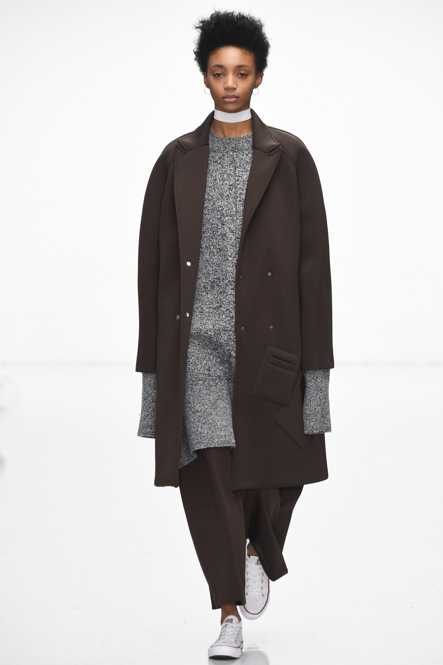 brown wool coat with gray sweater