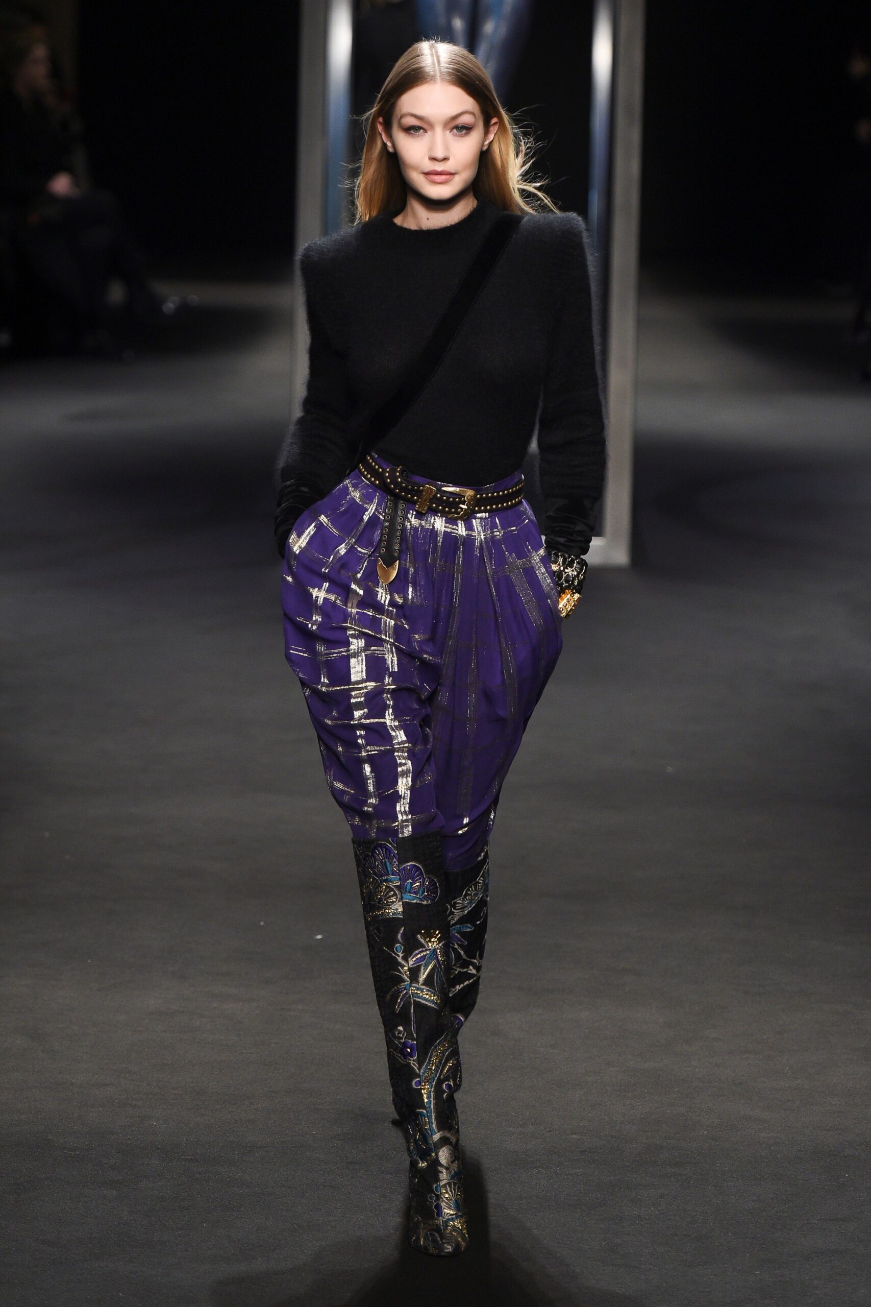 black fitted sweater purple pleated pants