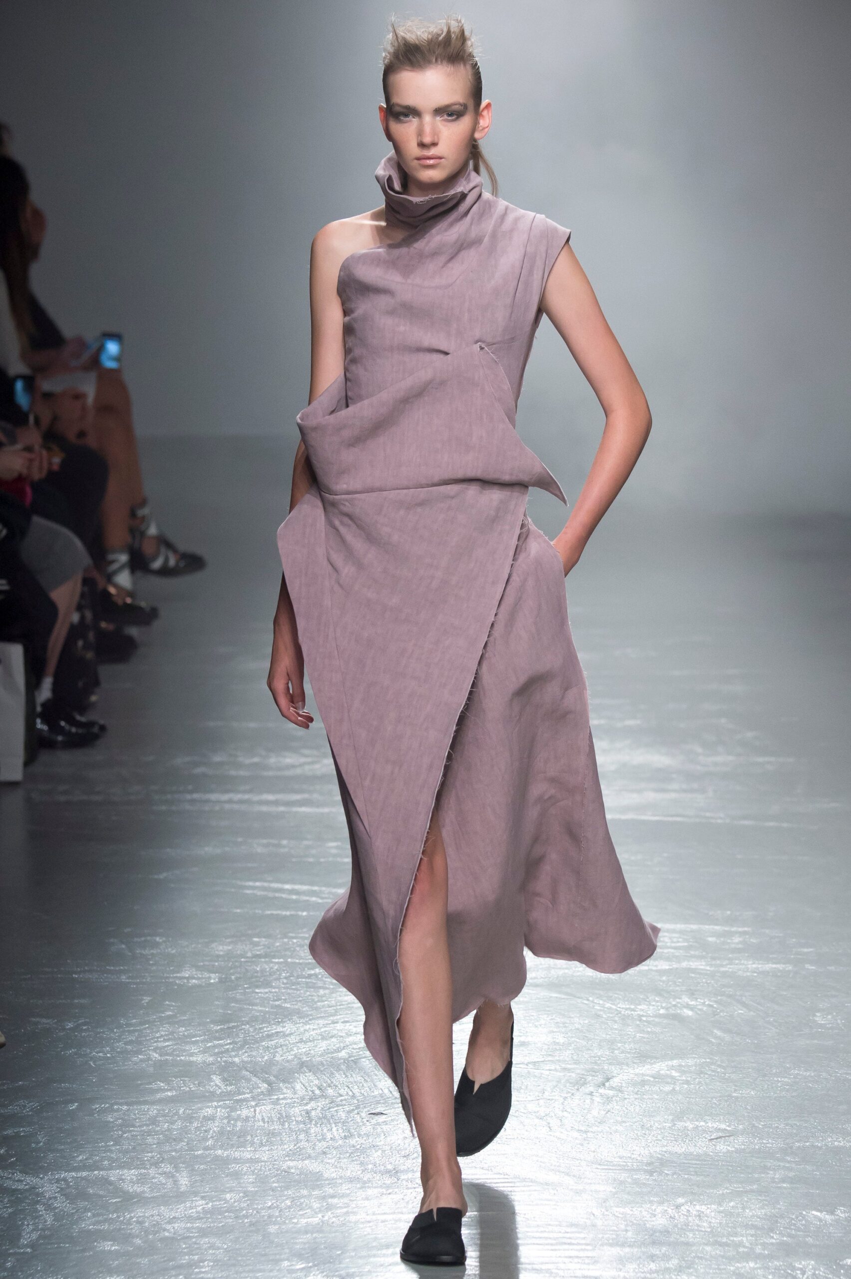 fitted purple draped midi dress
