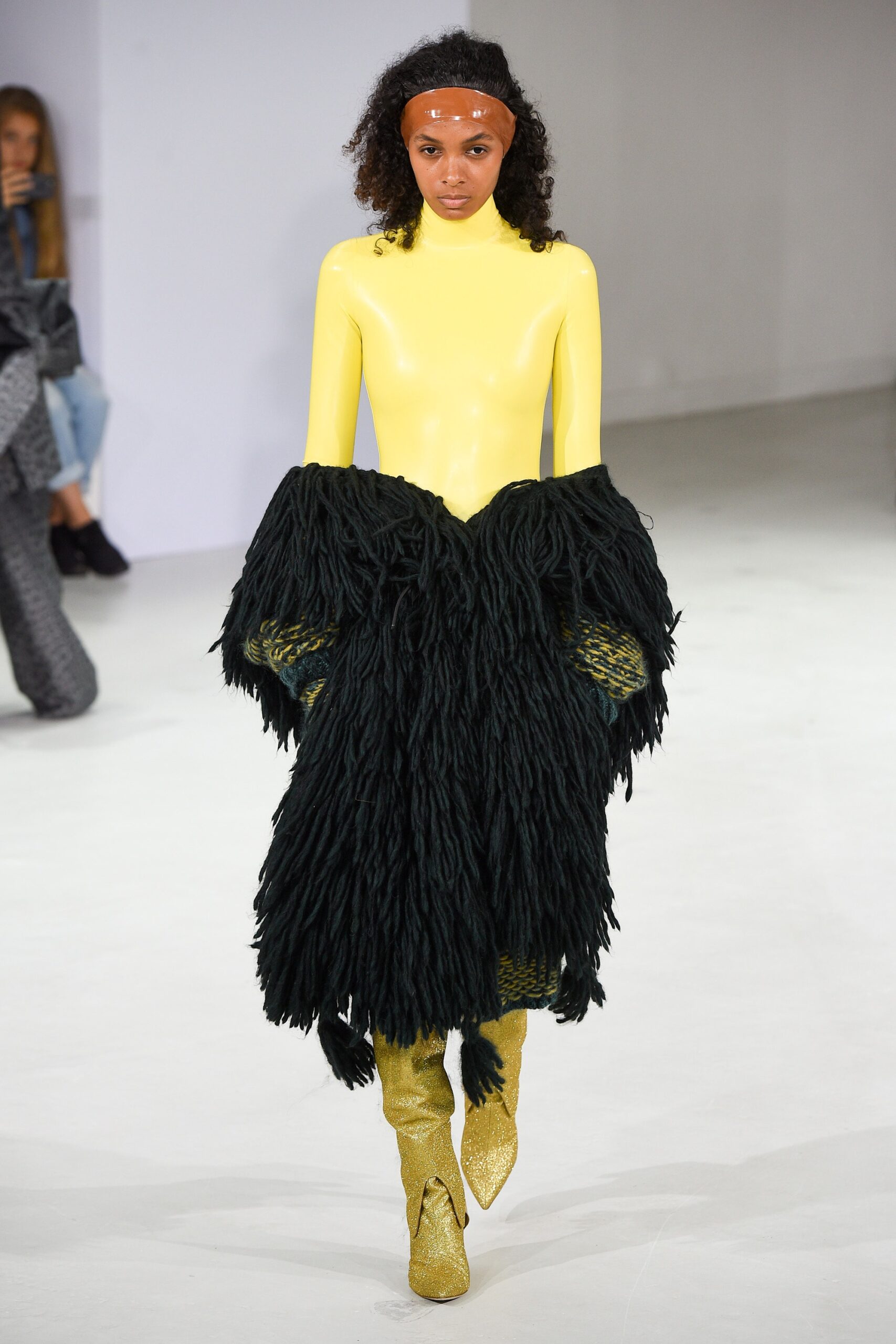 yellow vinyl midi dress with fur