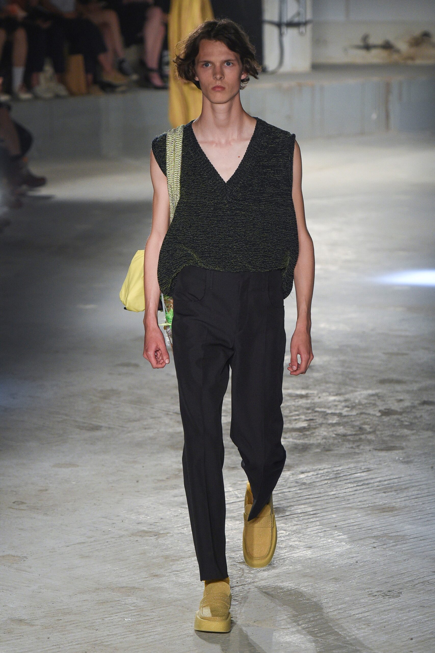 relaxed black green top with tailored pants