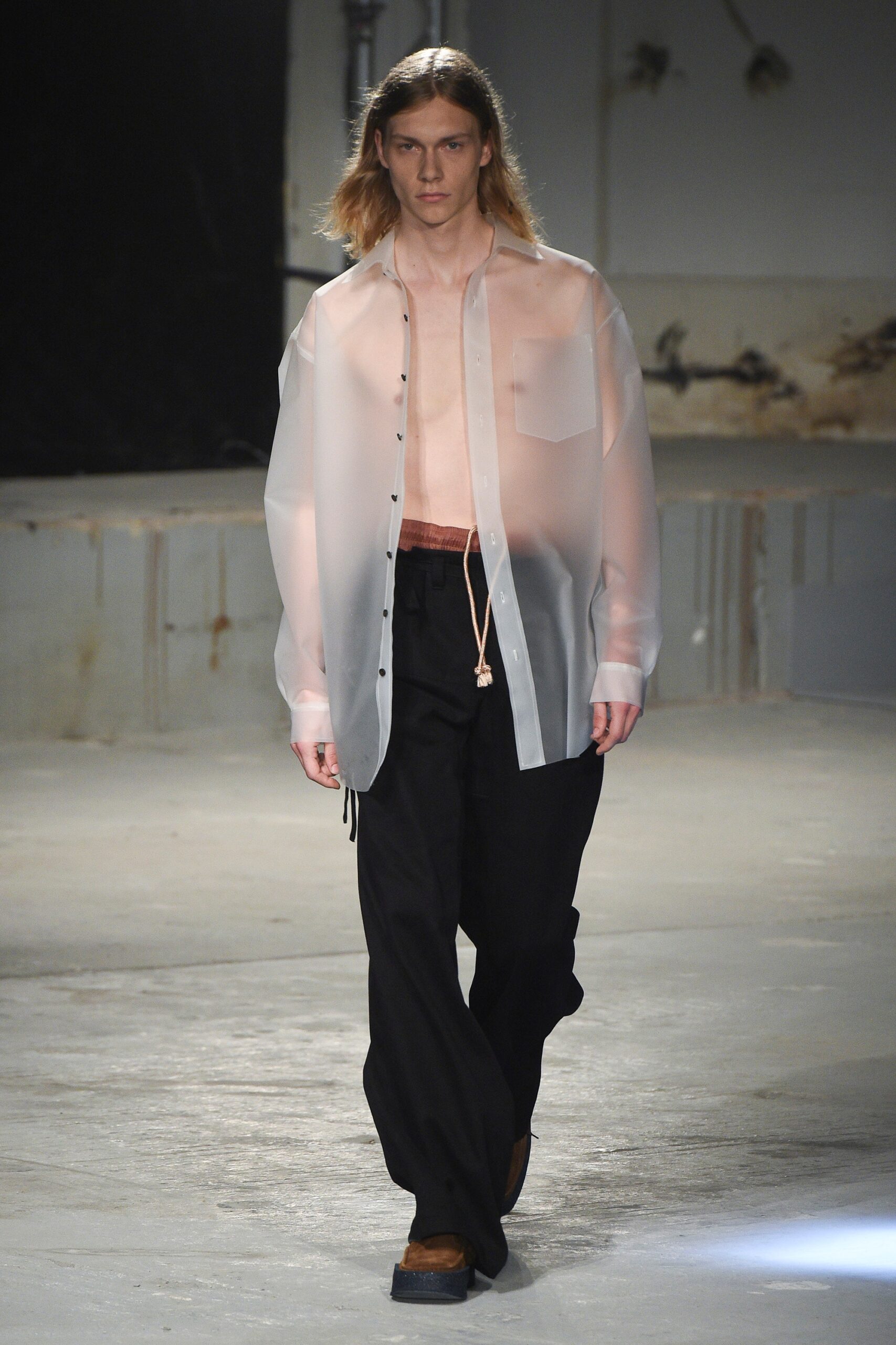 white cotton long-sleeve collared relaxed buttoned sheer shirt