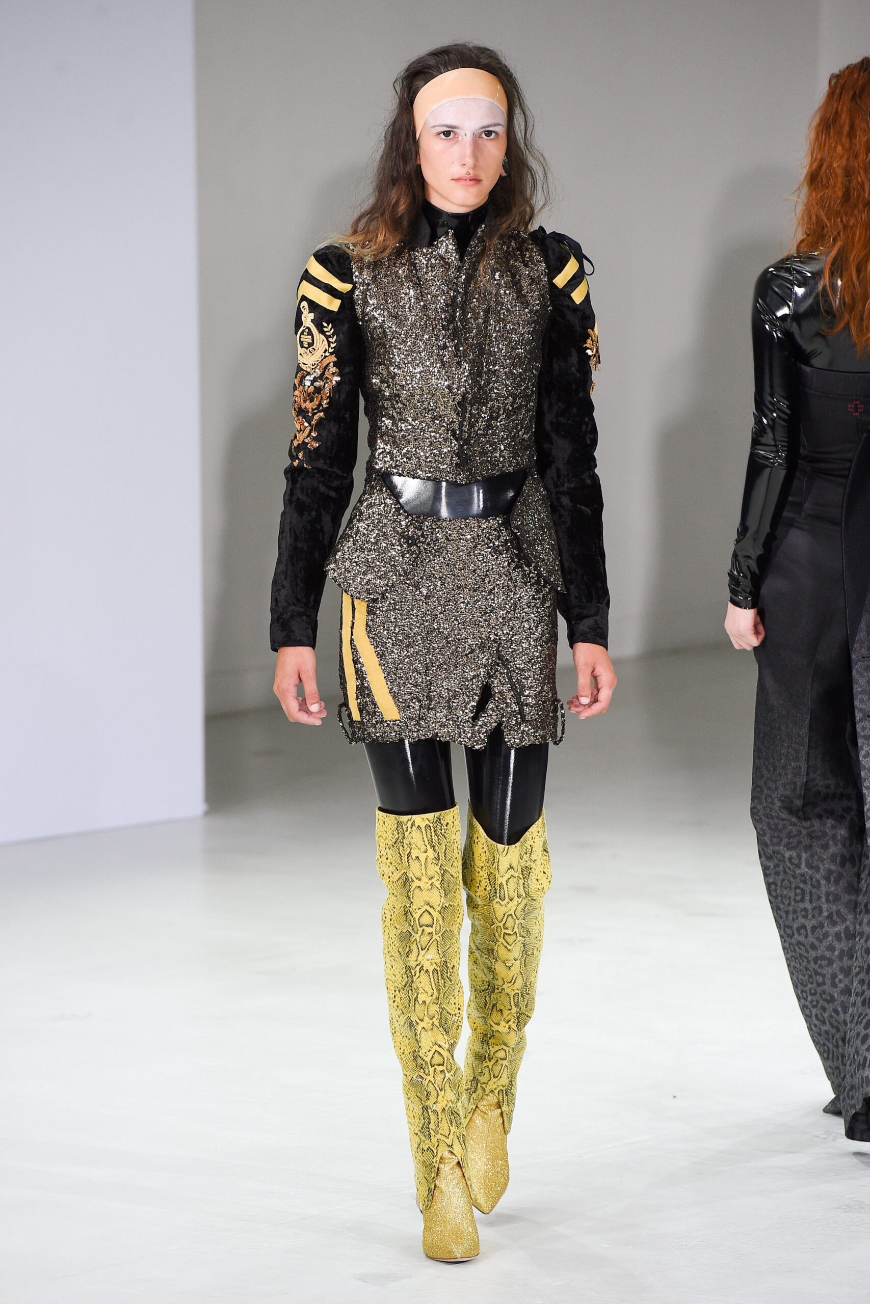 black sequined mini dress with yellow boots