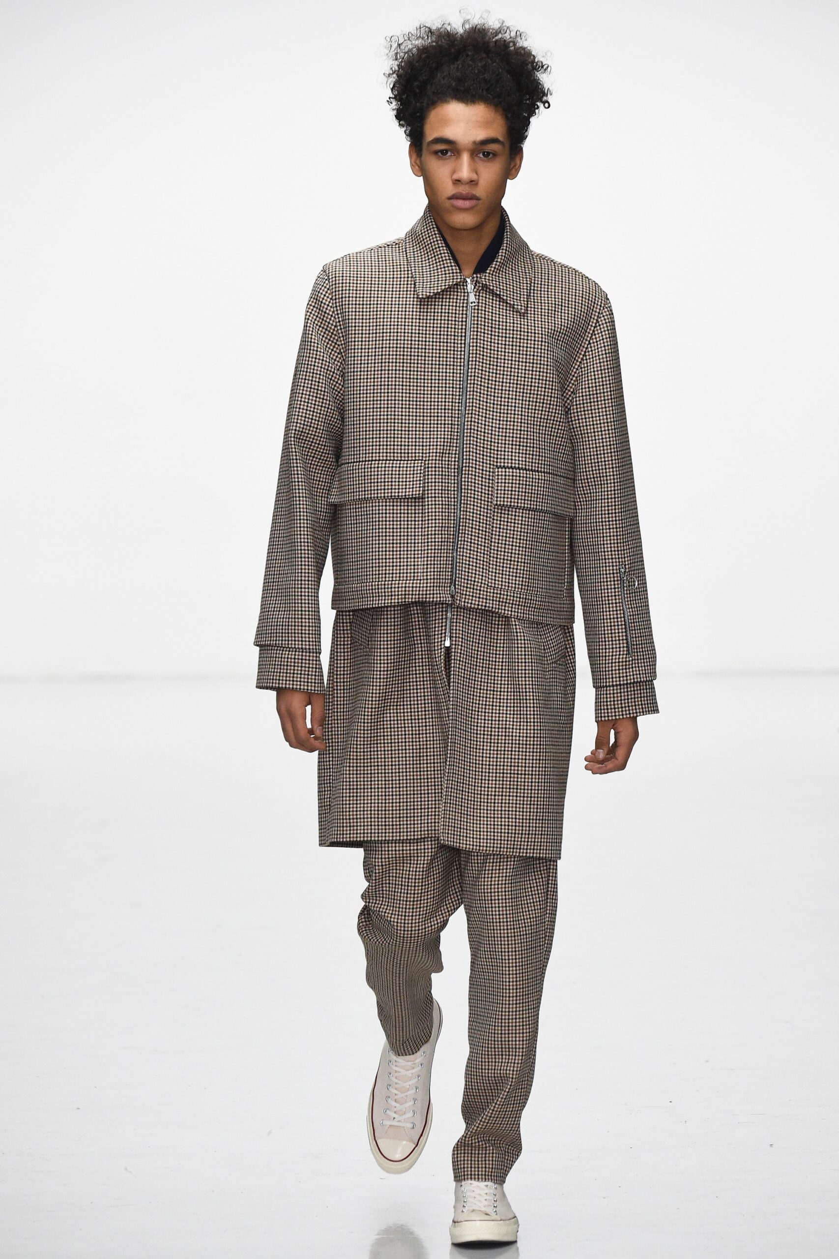 brown checked coat and pants