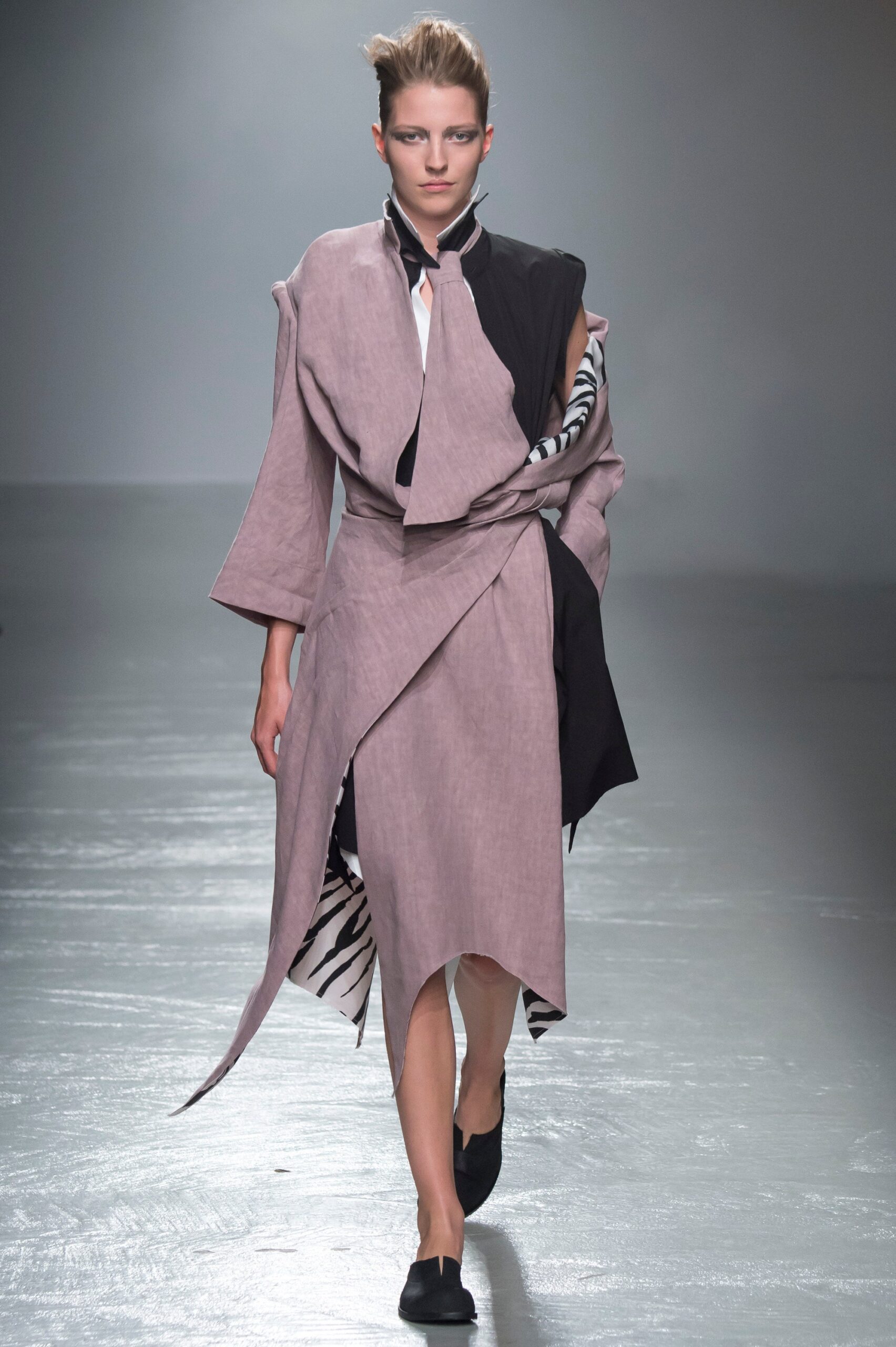 pink and black asymmetric wrap dress
