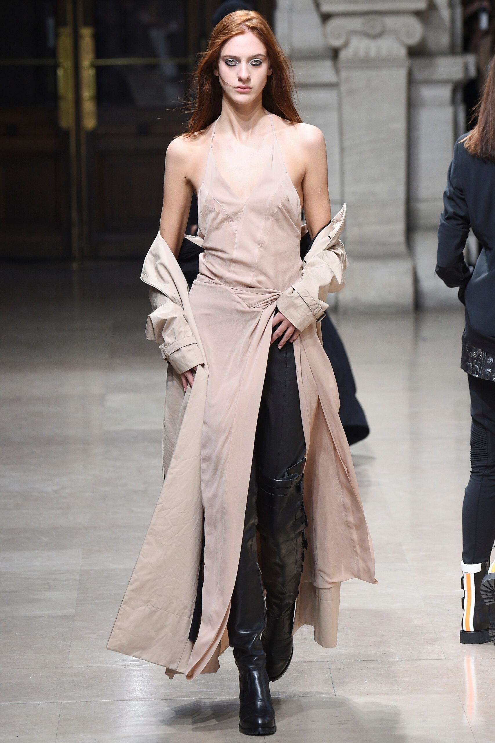 beige silk halterneck dress with coat