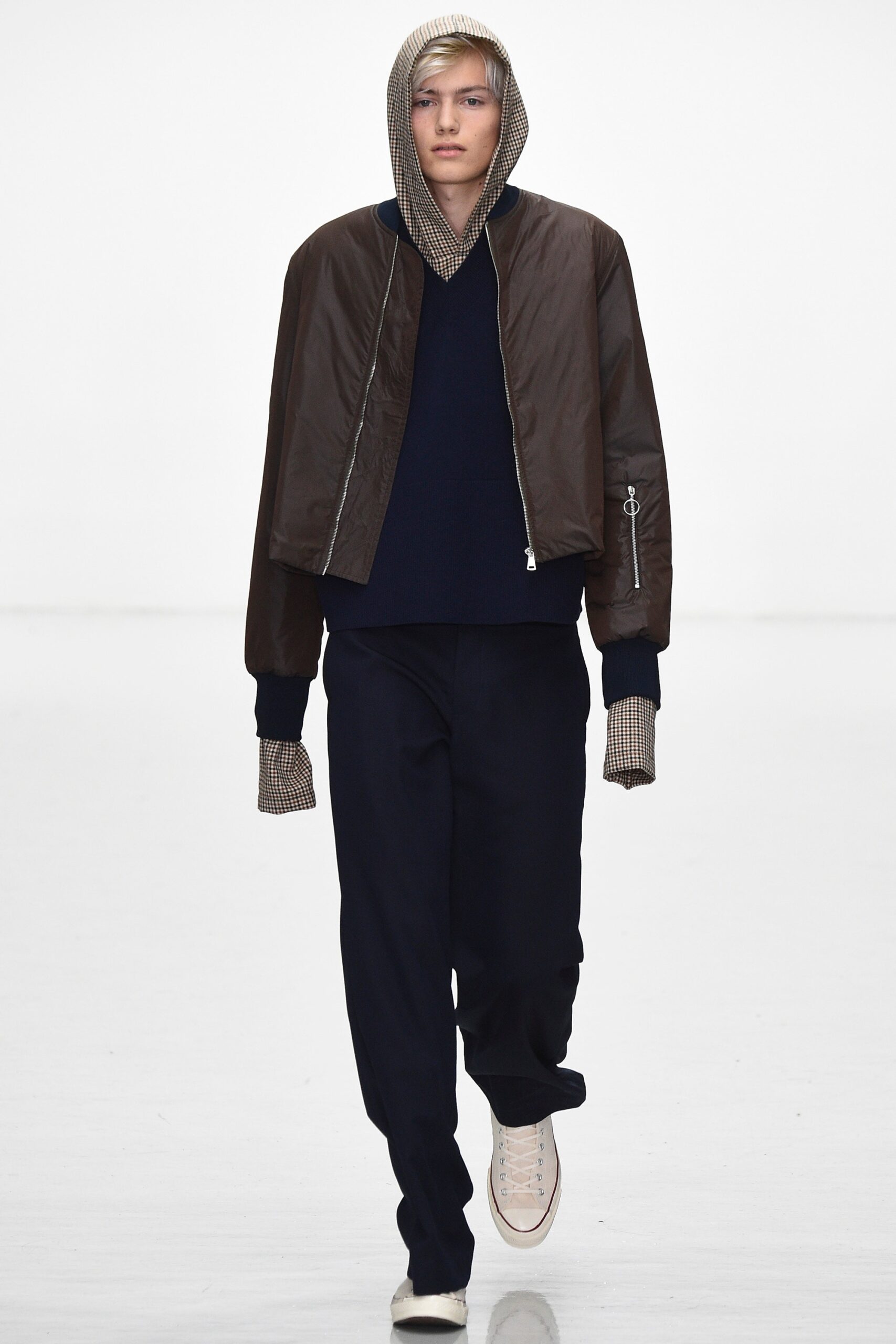 brown relaxed jacket with navy top