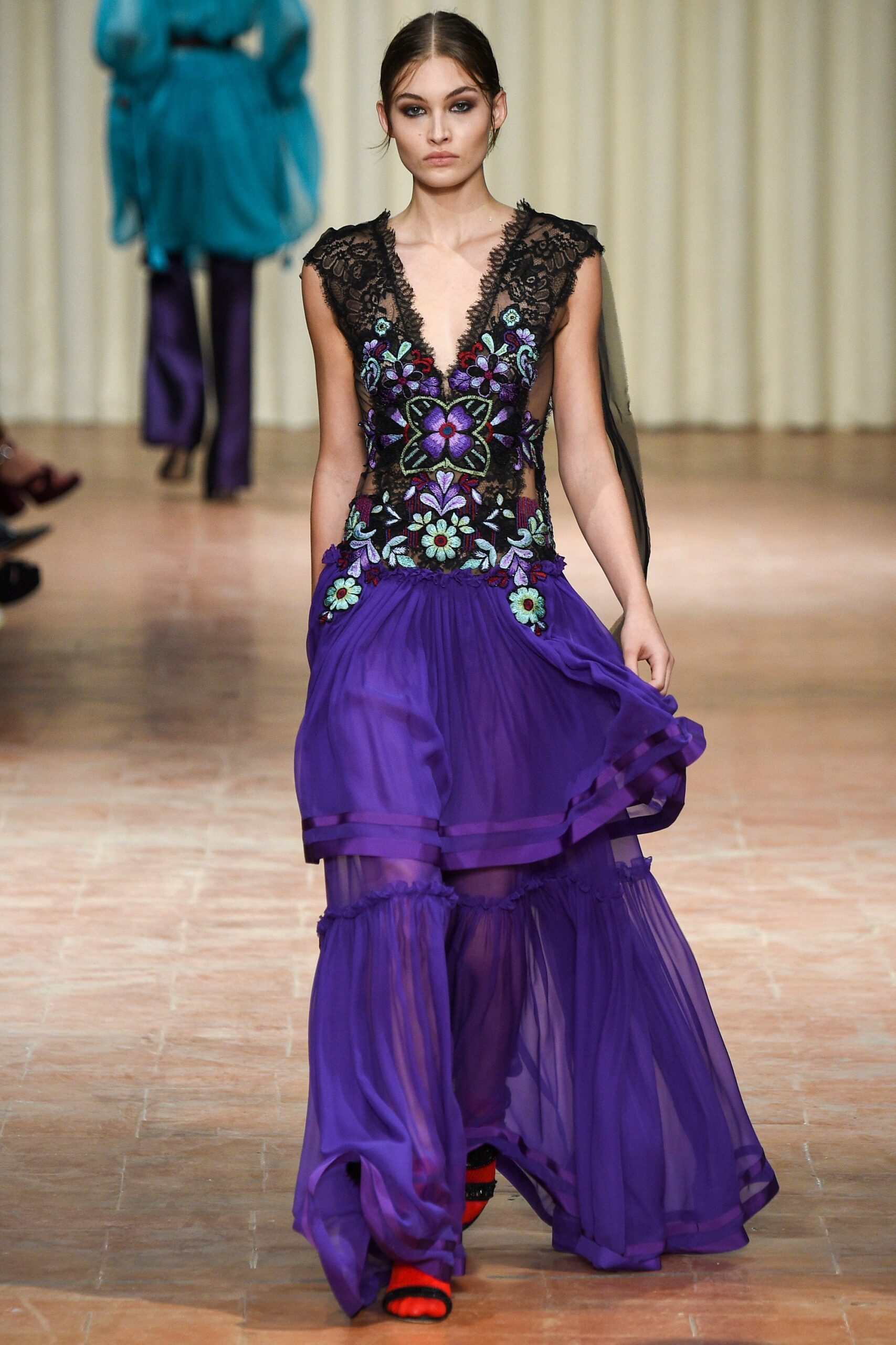 purple embroidered maxi gown