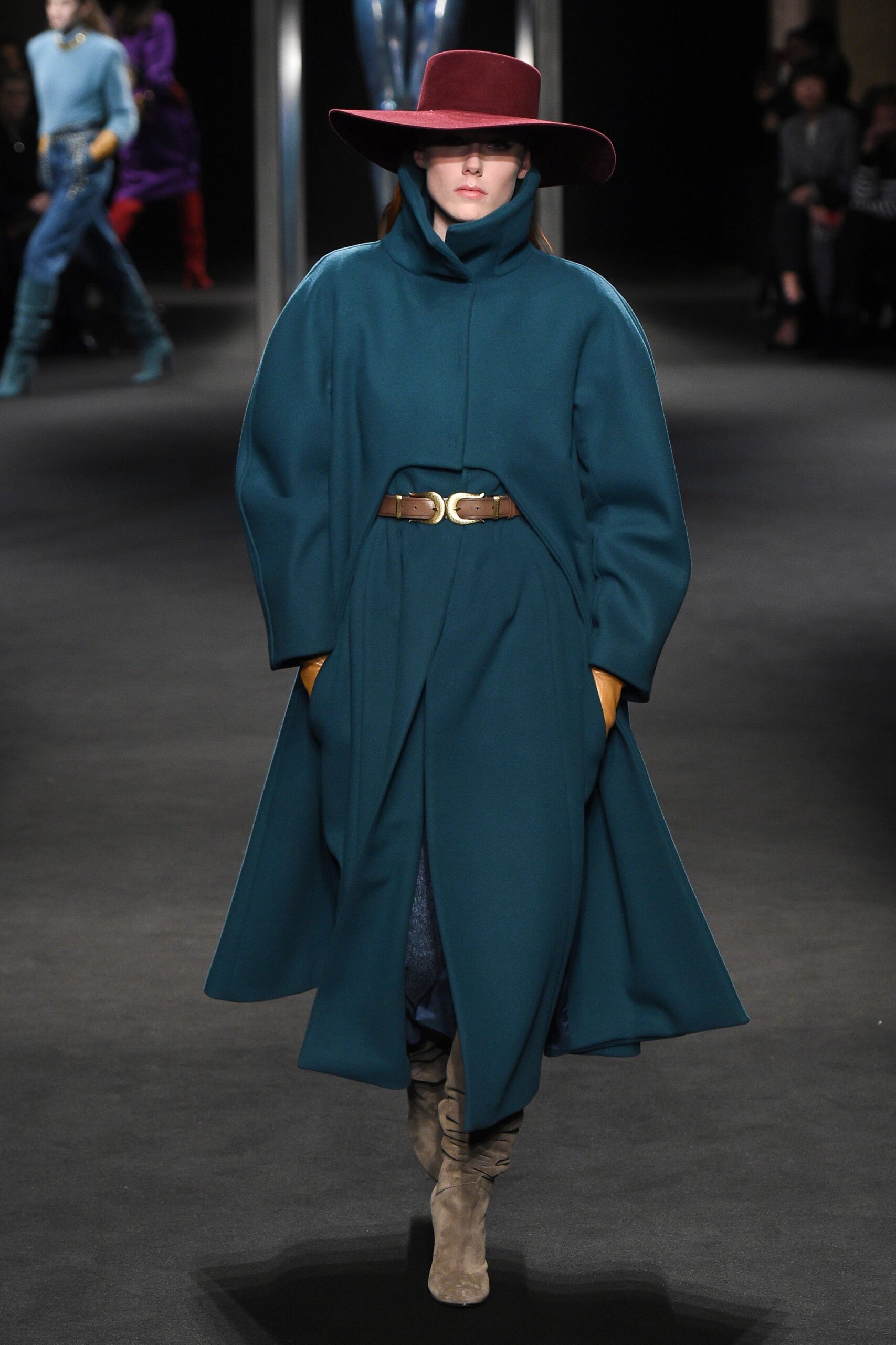 teal wool long-sleeve collared relaxed belted midi coat