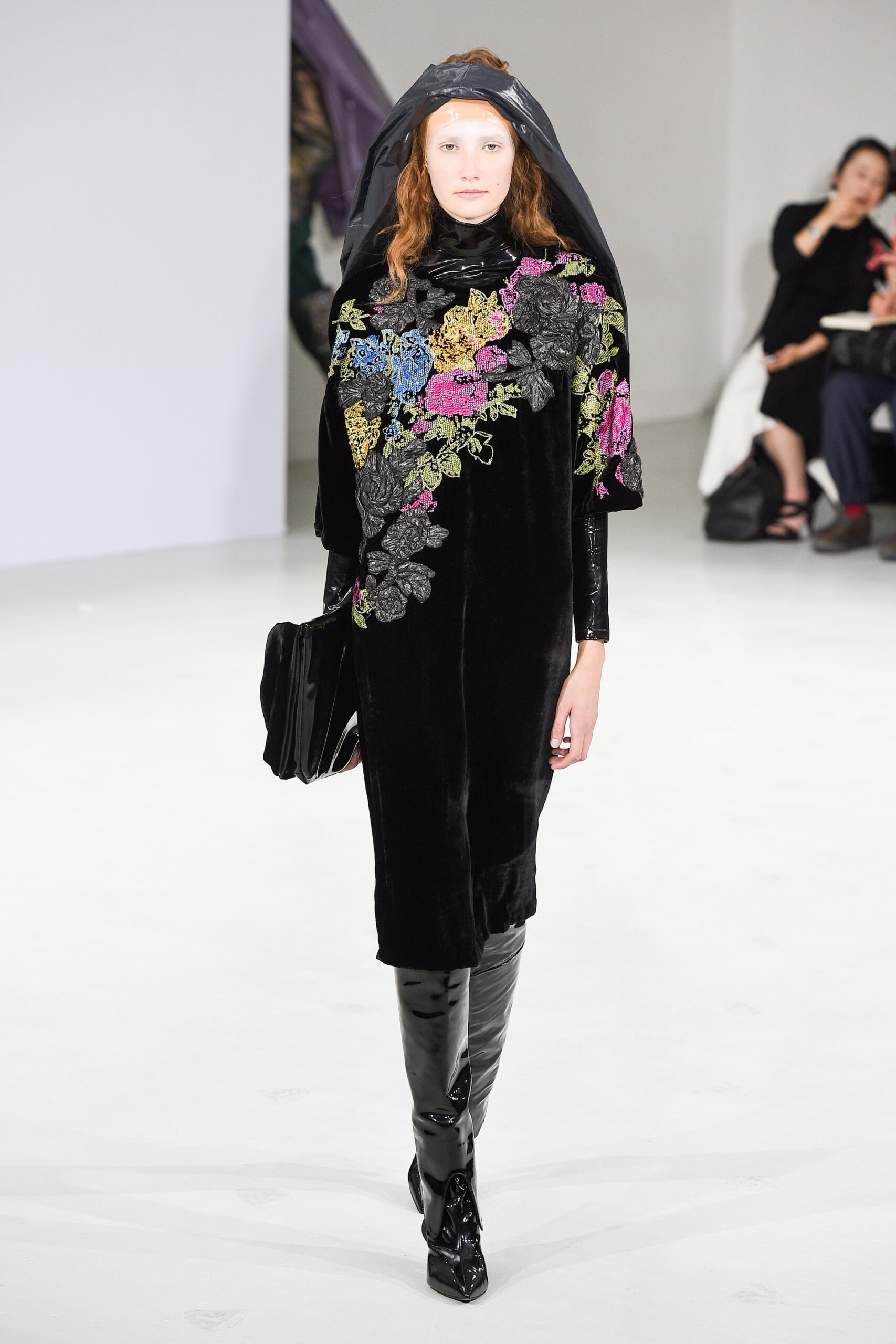 black velvet embroidered midi dress