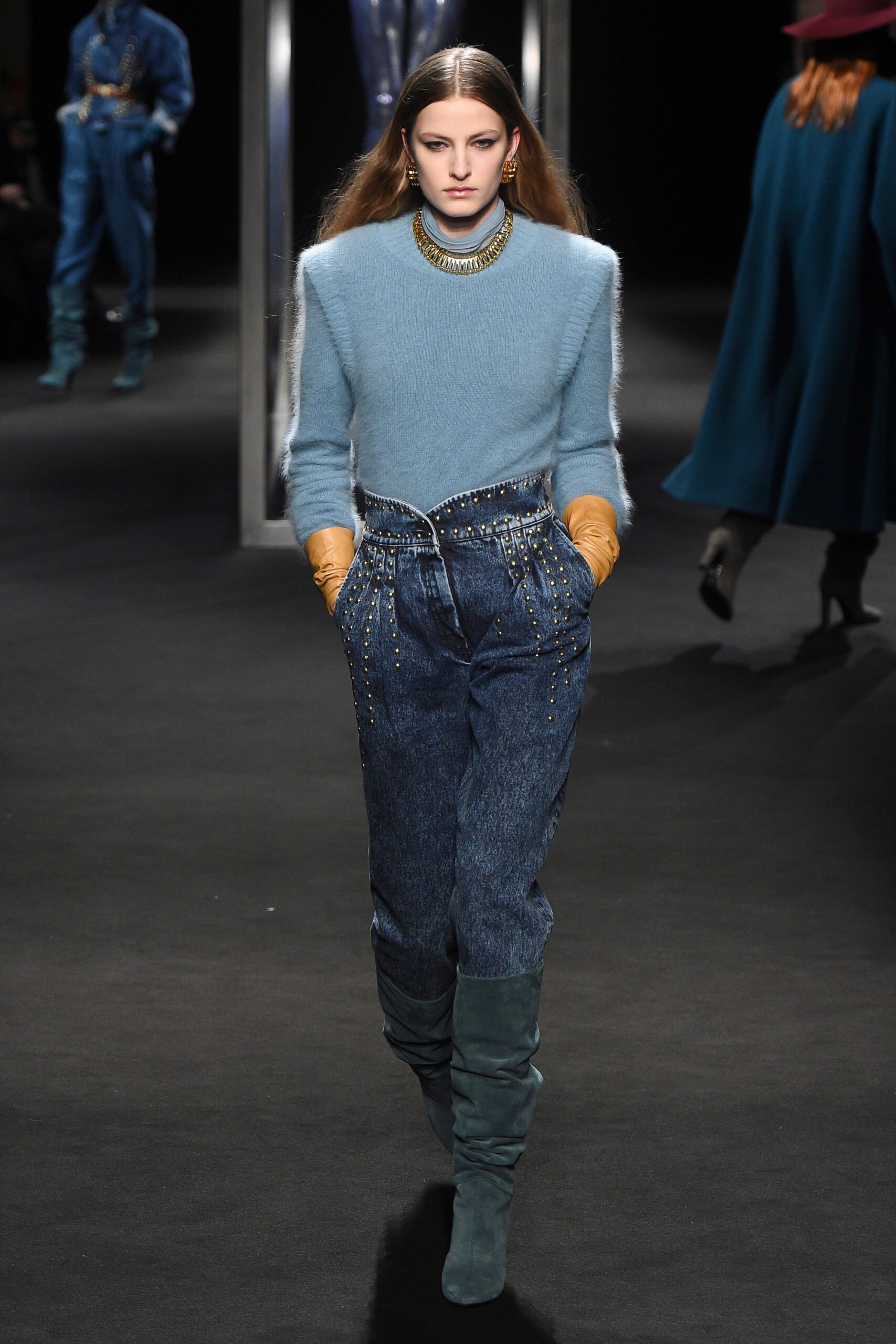 blue denim high-waisted straight-leg zippered pants