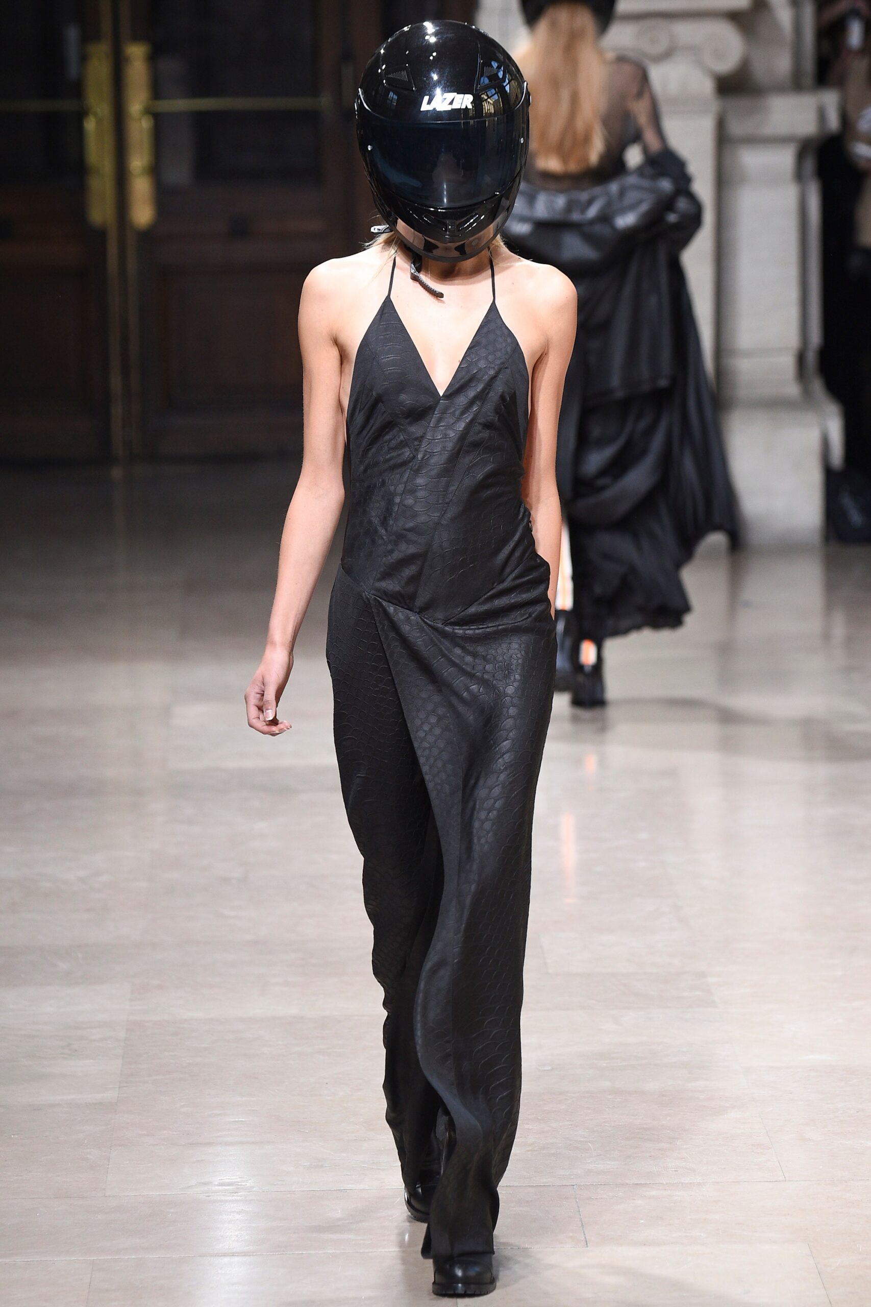 black leather sleeveless jumpsuit