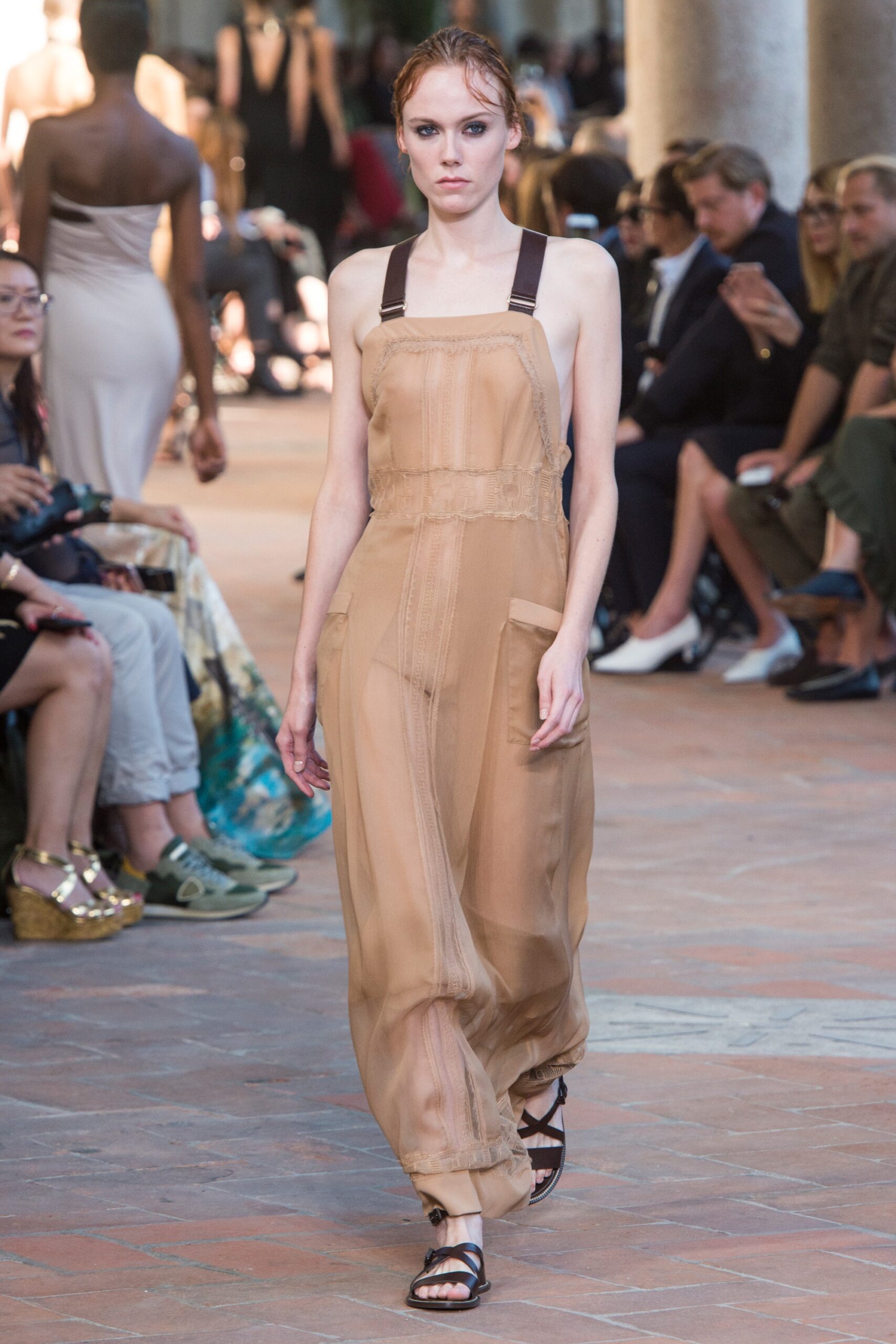 beige chiffon sleeveless v-neck relaxed pockets draped jumpsuit