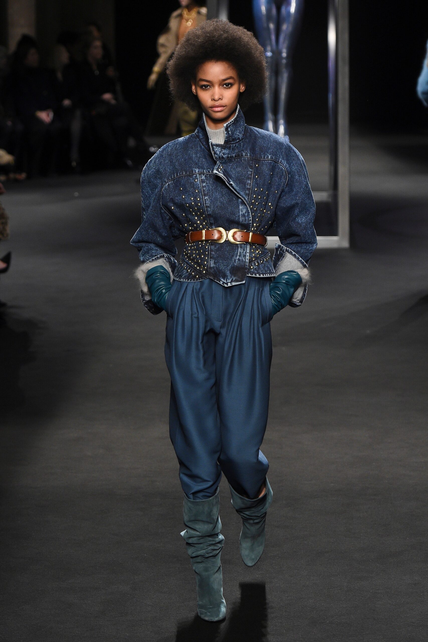 blue denim jacket with relaxed pants