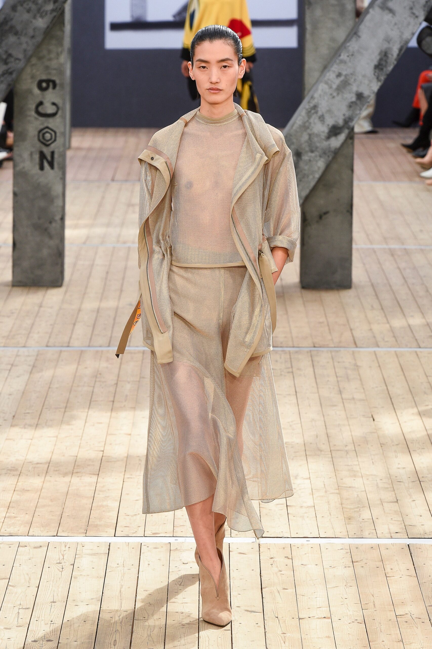 beige mesh layered dress and jacket