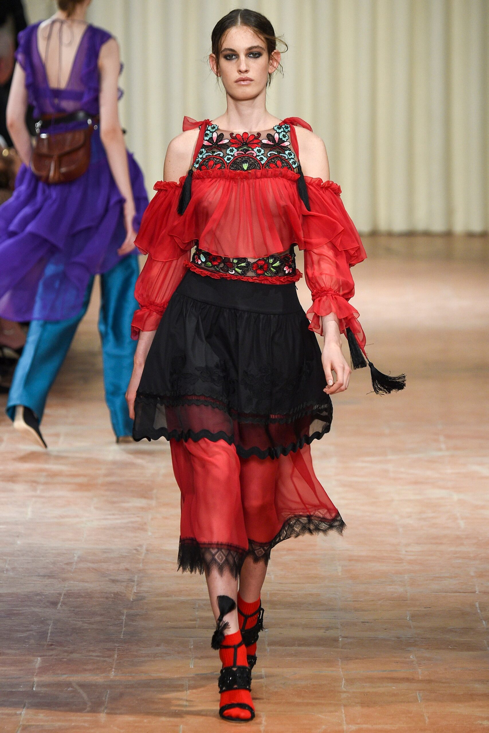 red and black ruffled midi dress