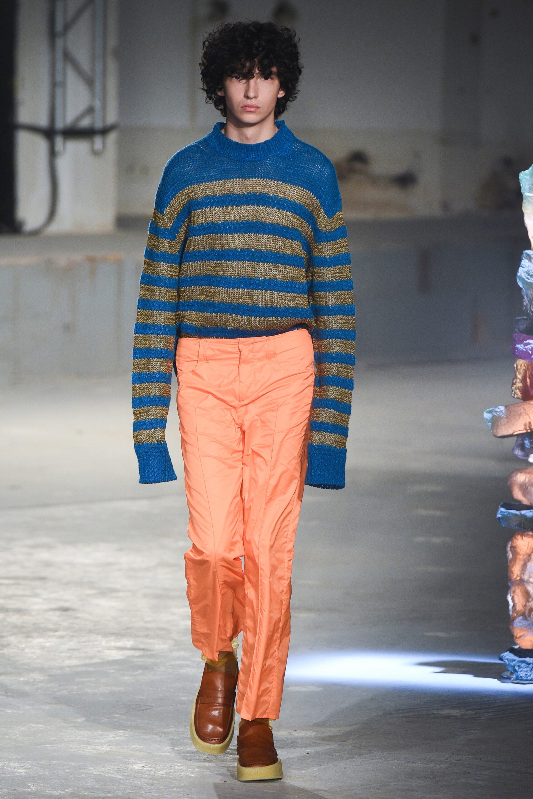 blue cotton long-sleeve collared relaxed striped sweater