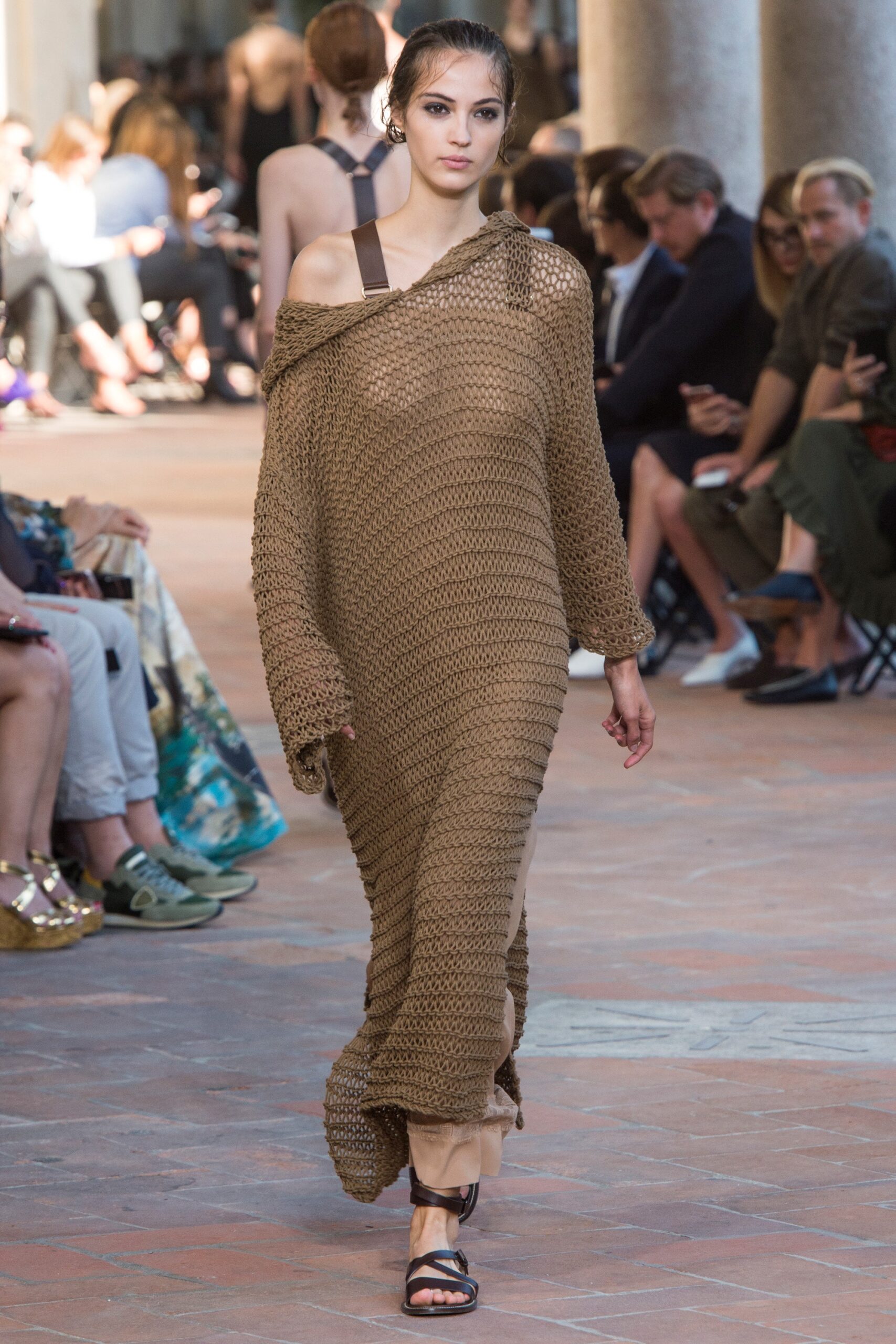 brown crochet sleeveless off-shoulder relaxed layered maxi dress