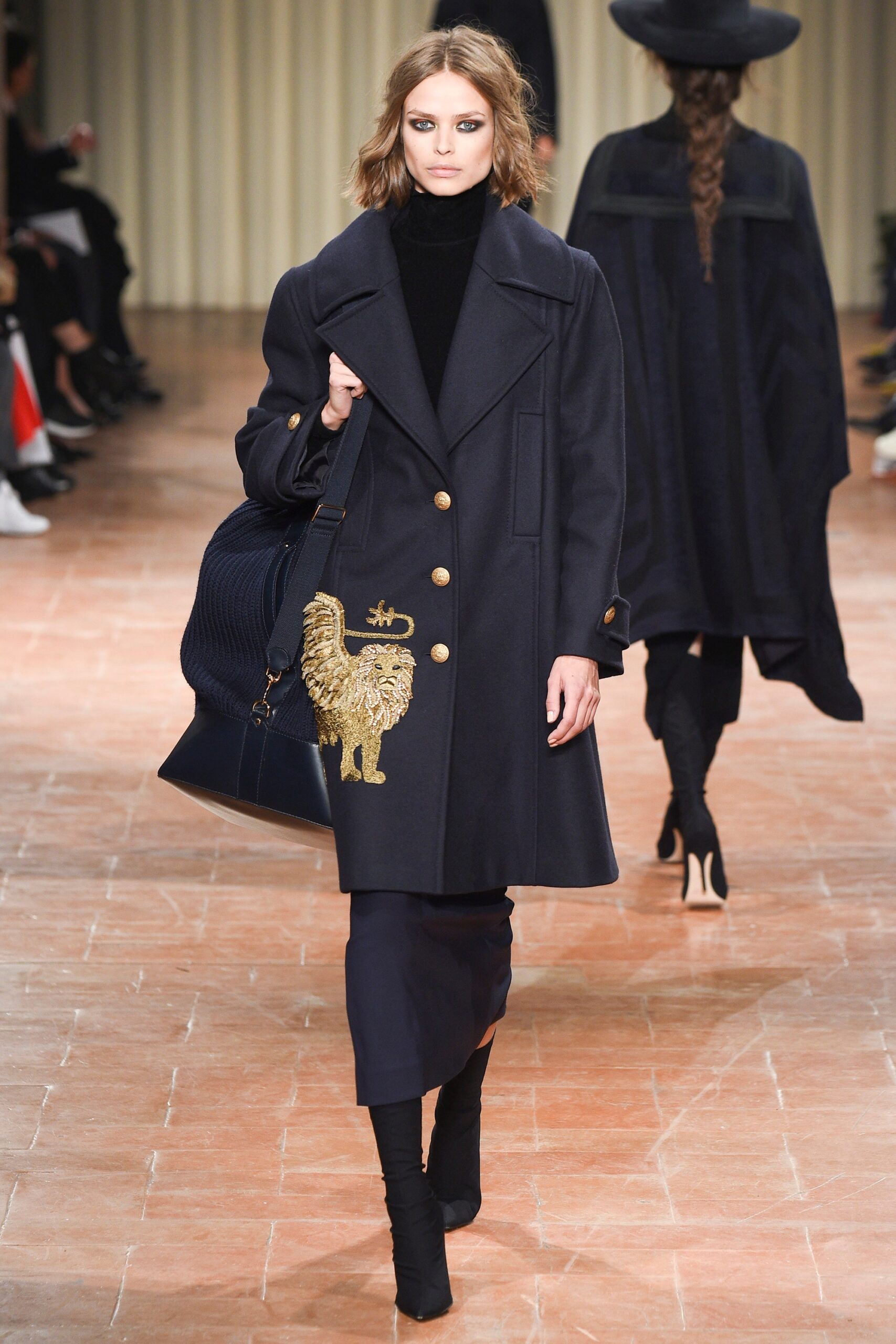blue wool long-sleeve collared structured embroidered coat