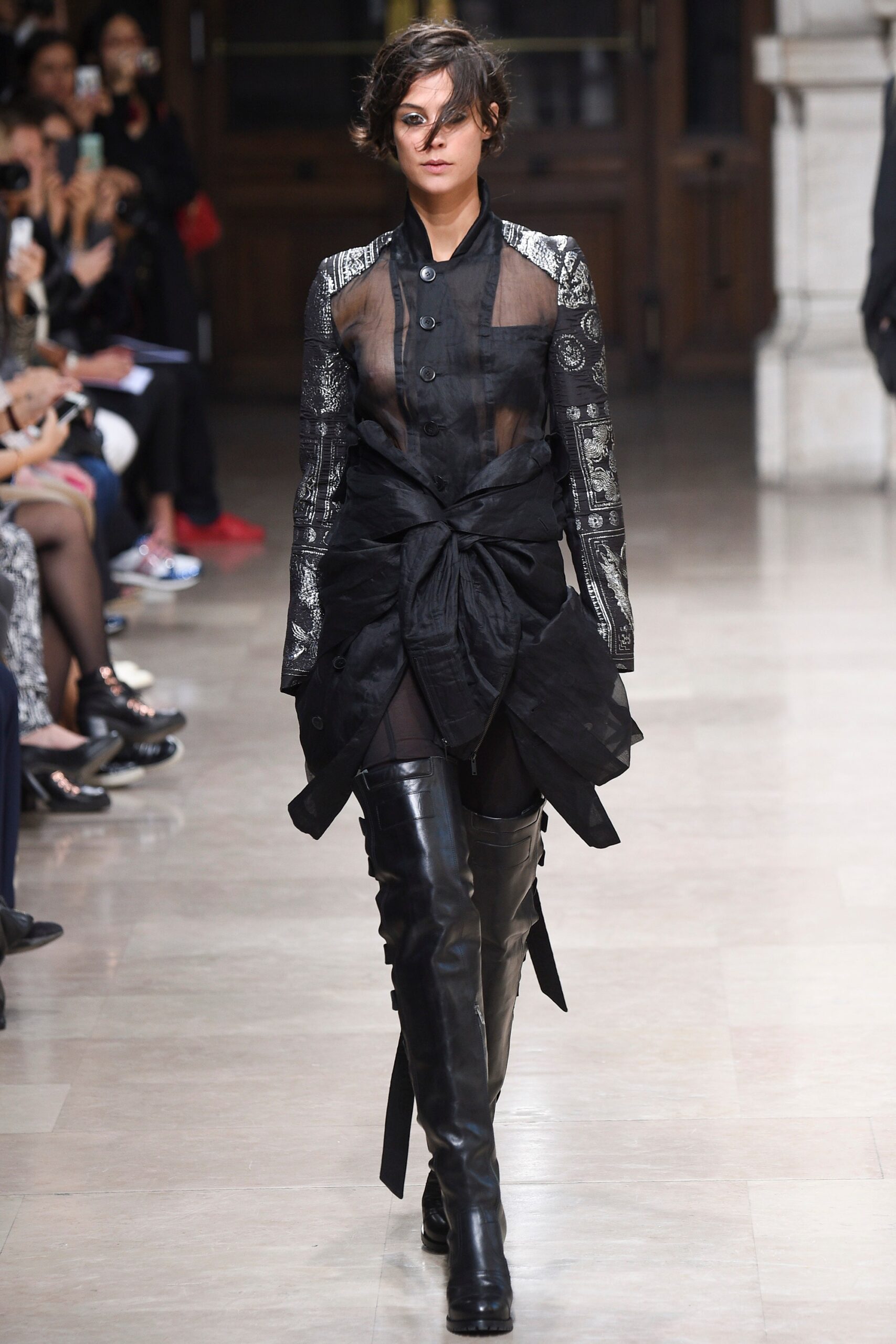 black silk long-sleeve collared fitted draped buttoned dress