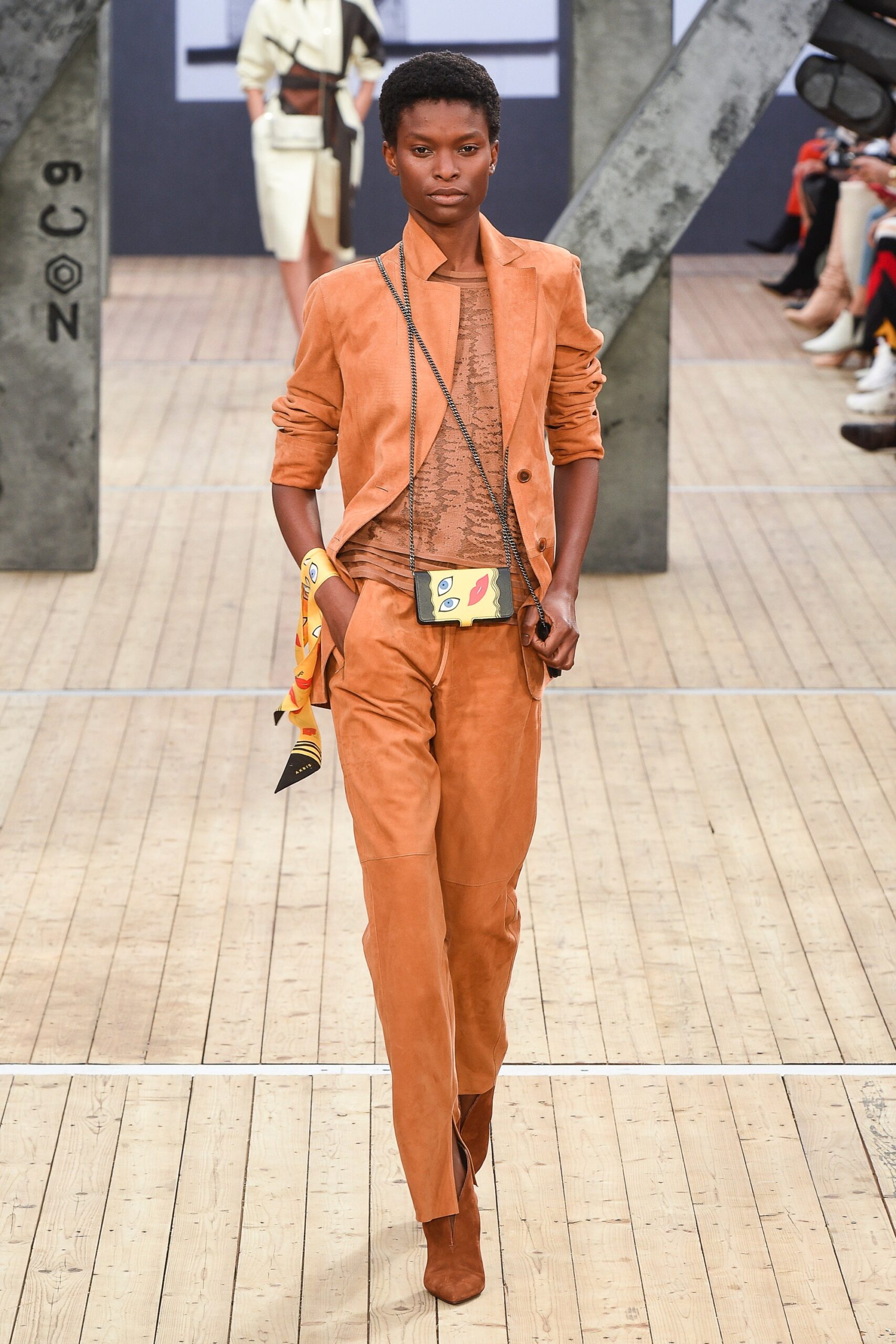 orange suede long-sleeve collared fitted buttoned suit