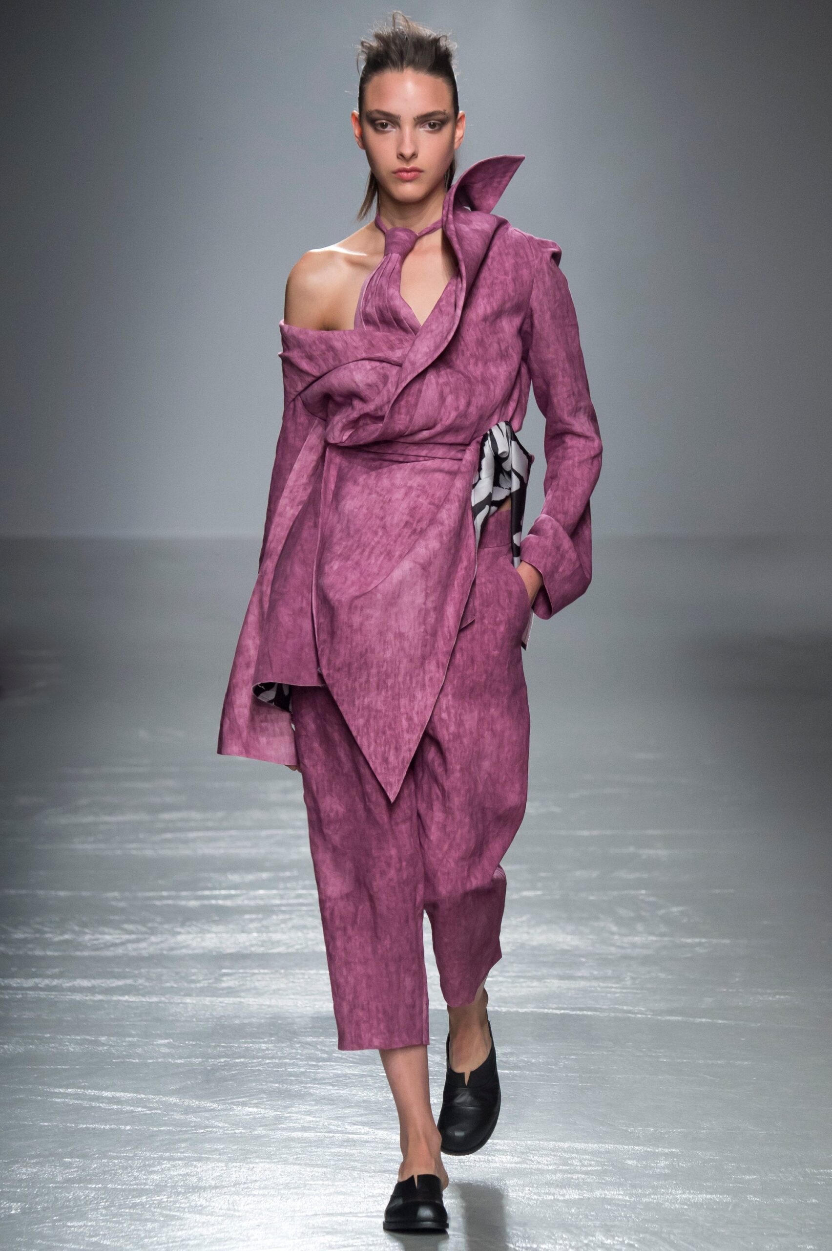 purple cotton long-sleeve off-shoulder relaxed draped jacket