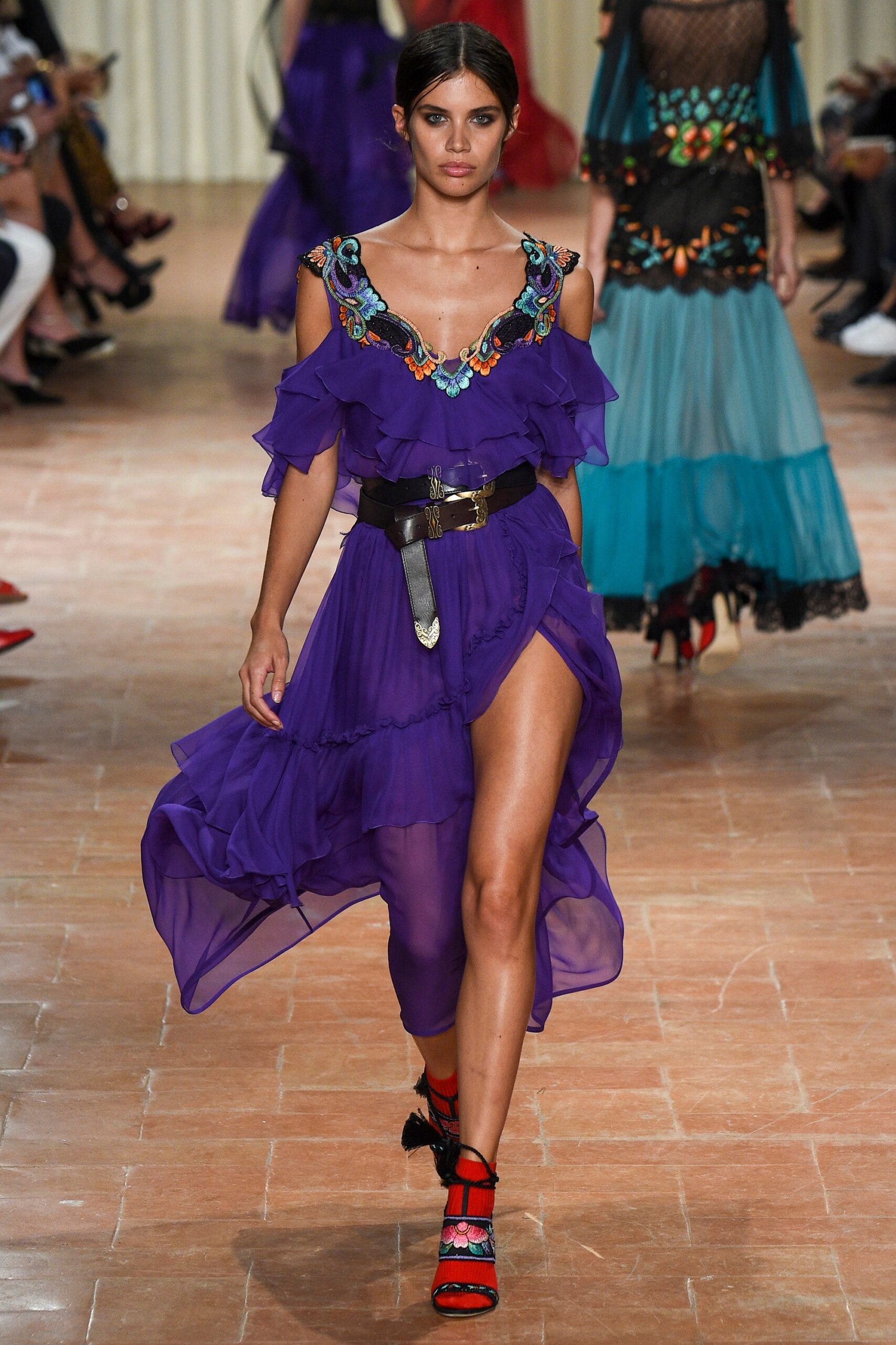 purple chiffon ruffled dress