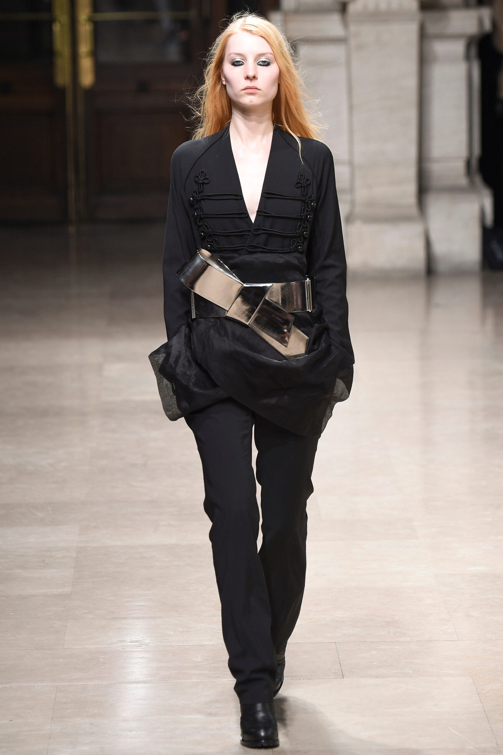 black silk fitted jumpsuit with silver belt