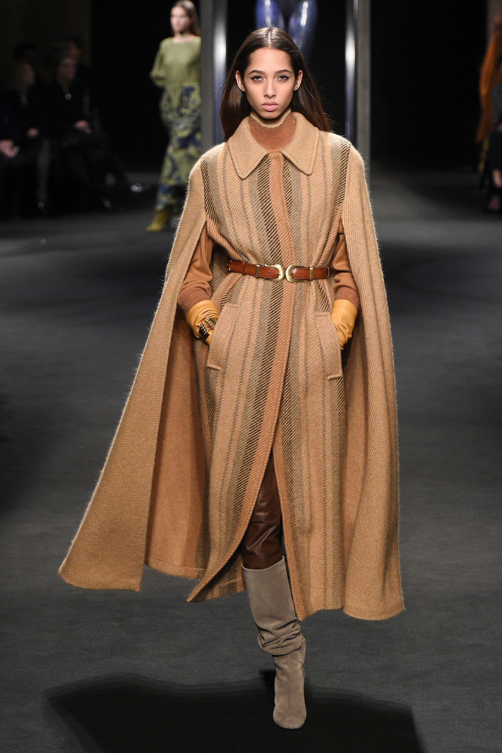 beige wool long-sleeve collared relaxed striped cape