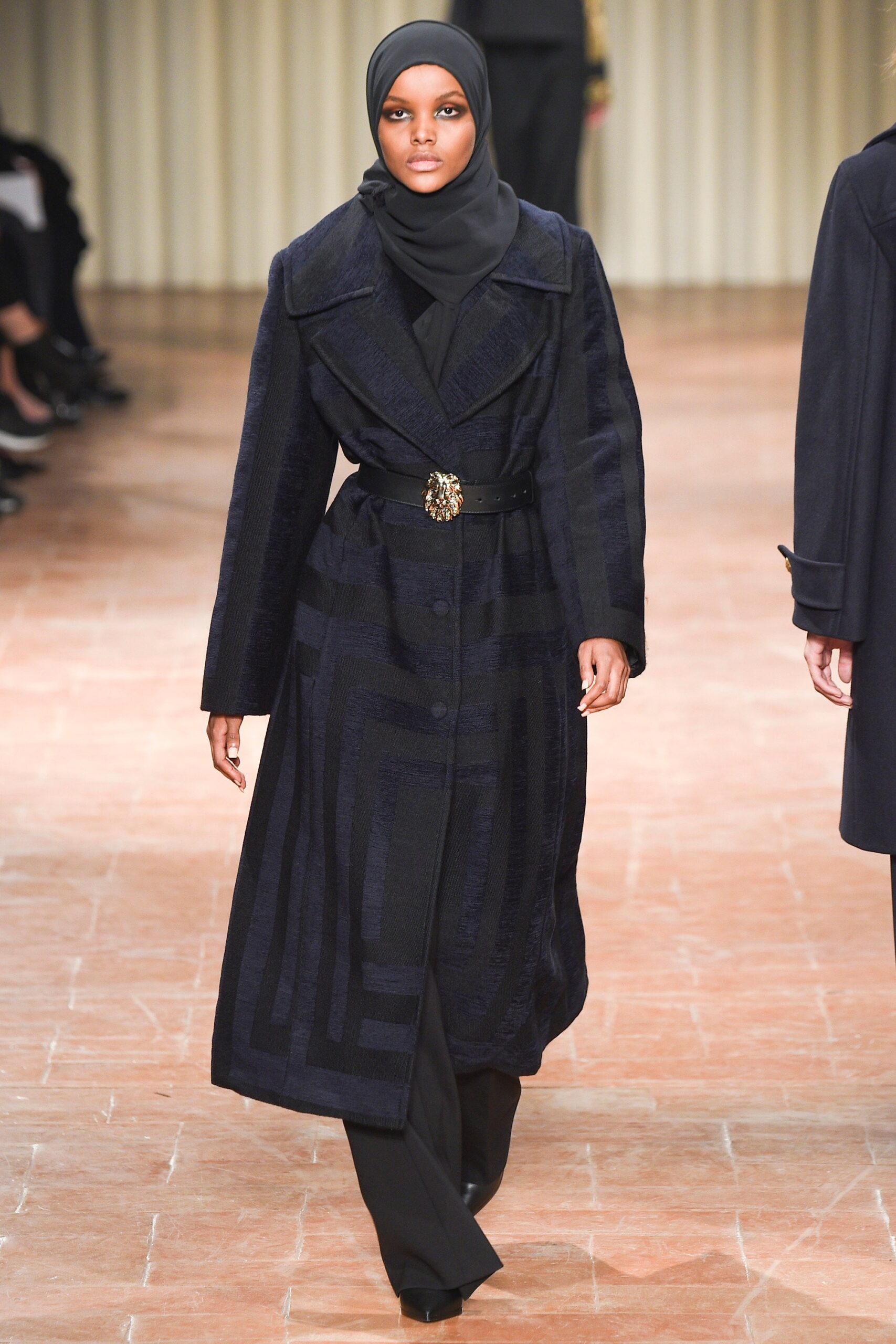 black wool long-sleeve collared fitted belted embroidered coat