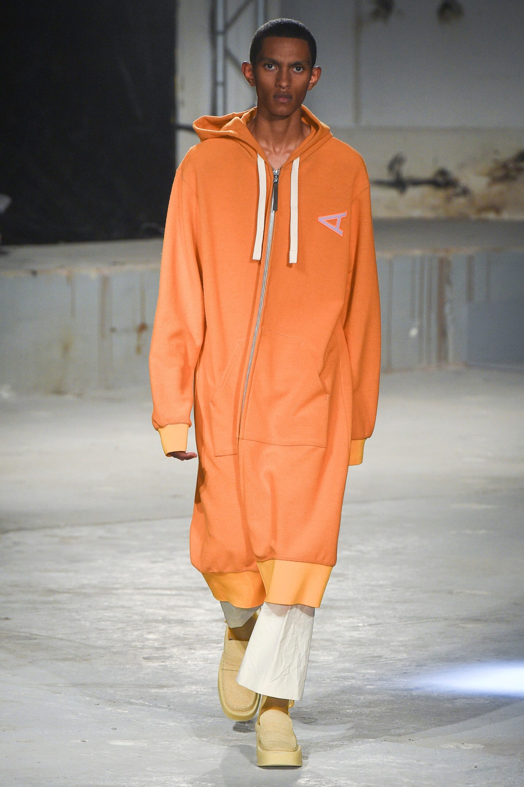 orange cotton long-sleeve hooded relaxed zippered midi hoodie