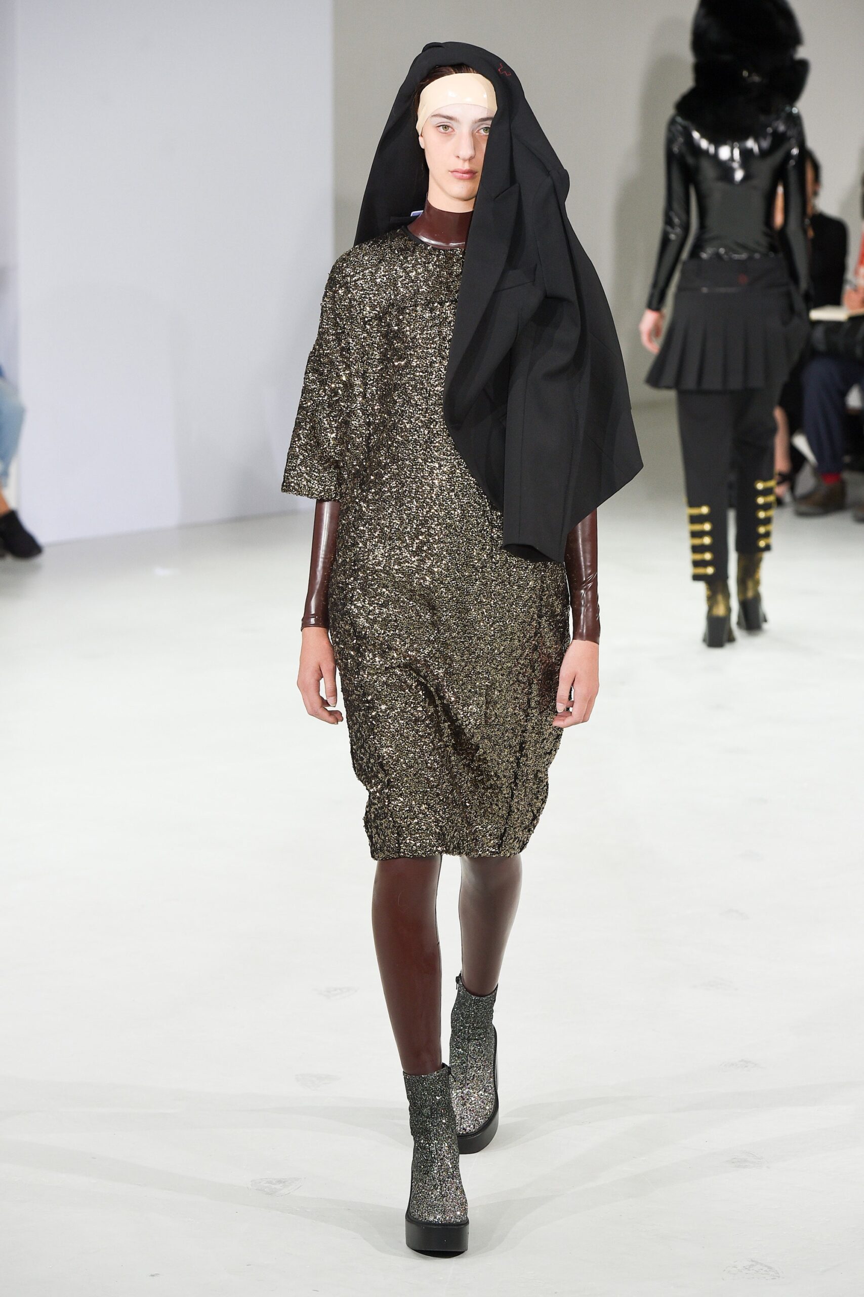 gold relaxed midi dress with black headscarf