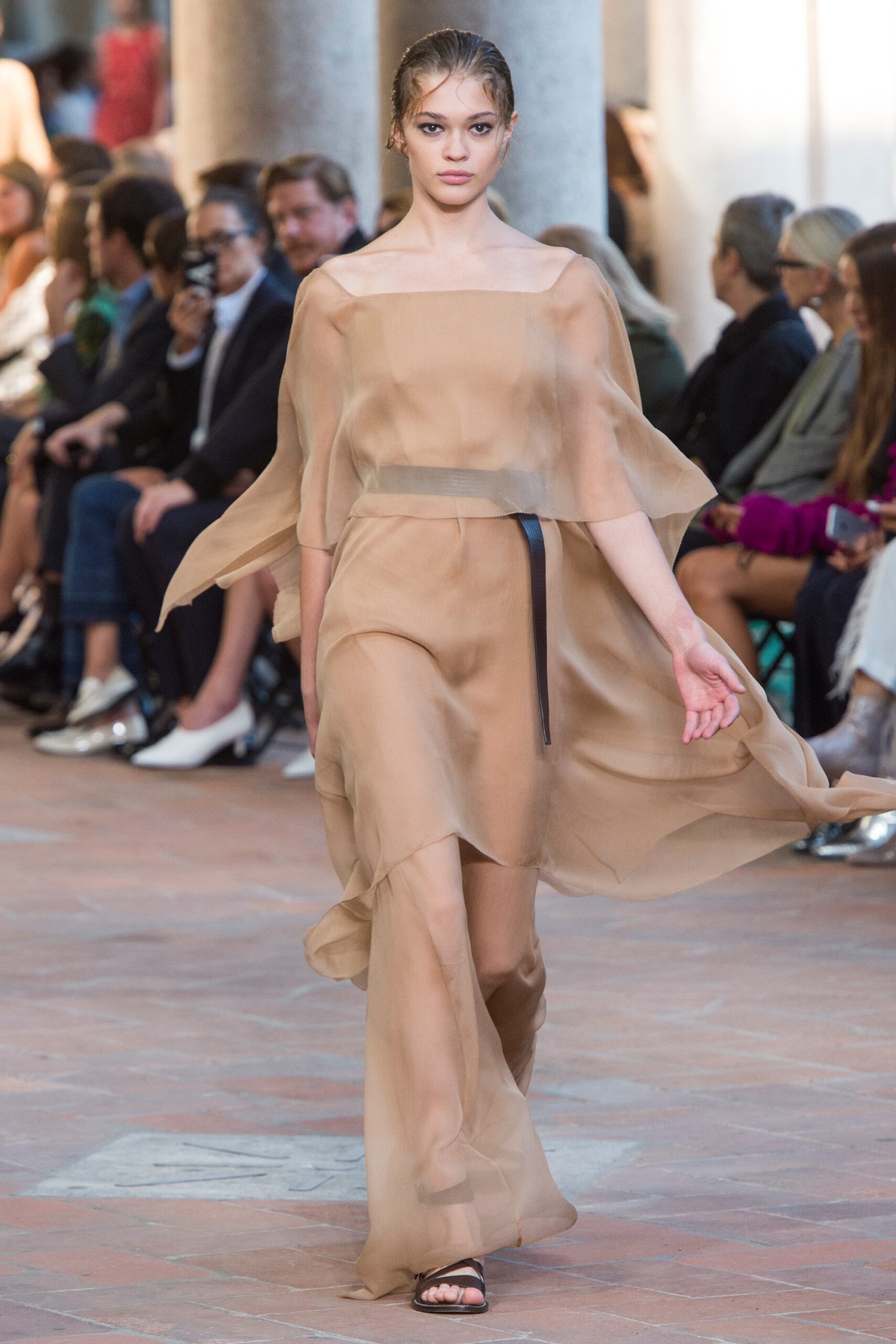 beige flowing off-shoulder dress