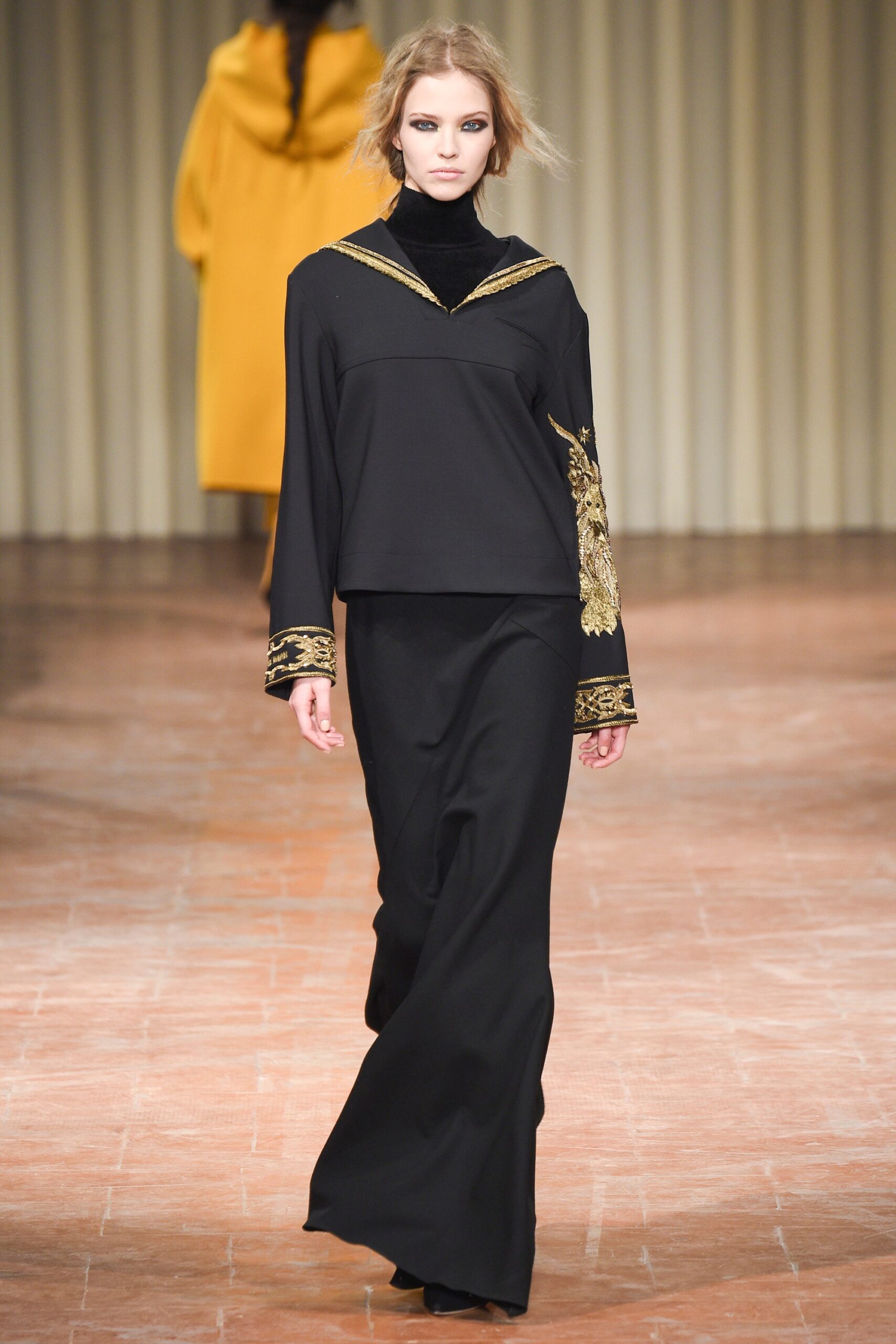 black cotton long-sleeve high-neck fitted embroidered top