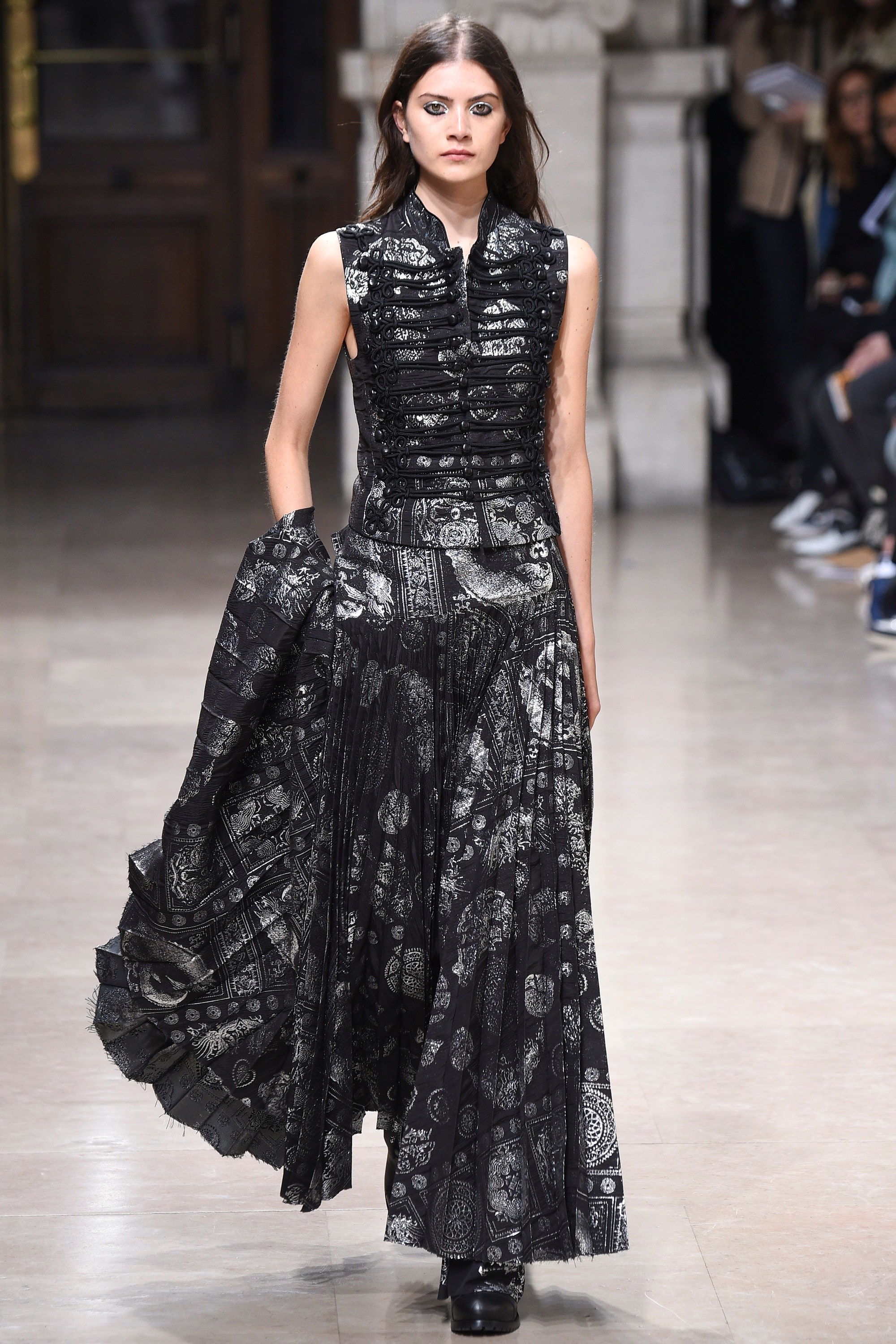 black pleated silk dress with cape