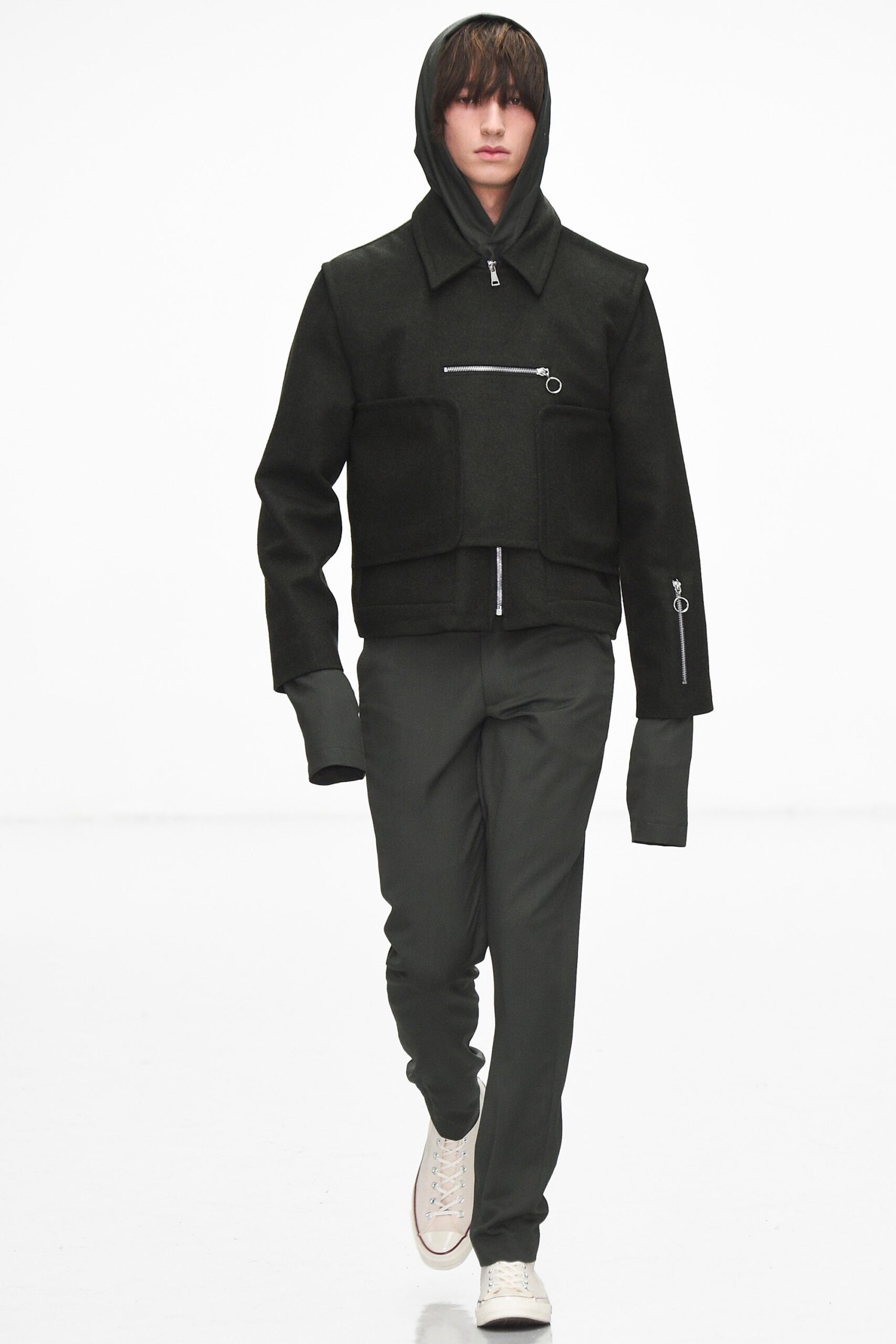 black fitted jacket with hood