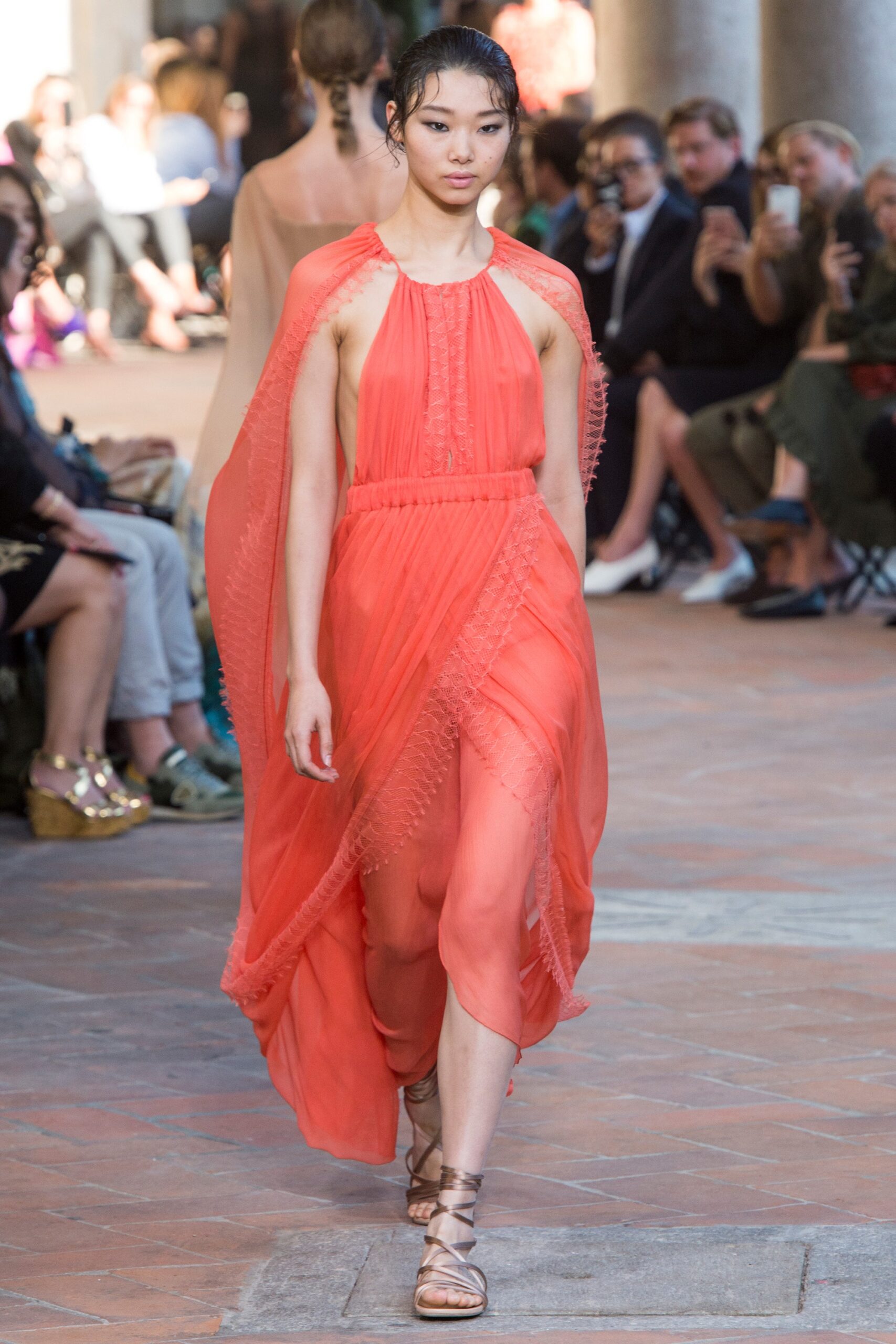 orange silk sleeveless dress