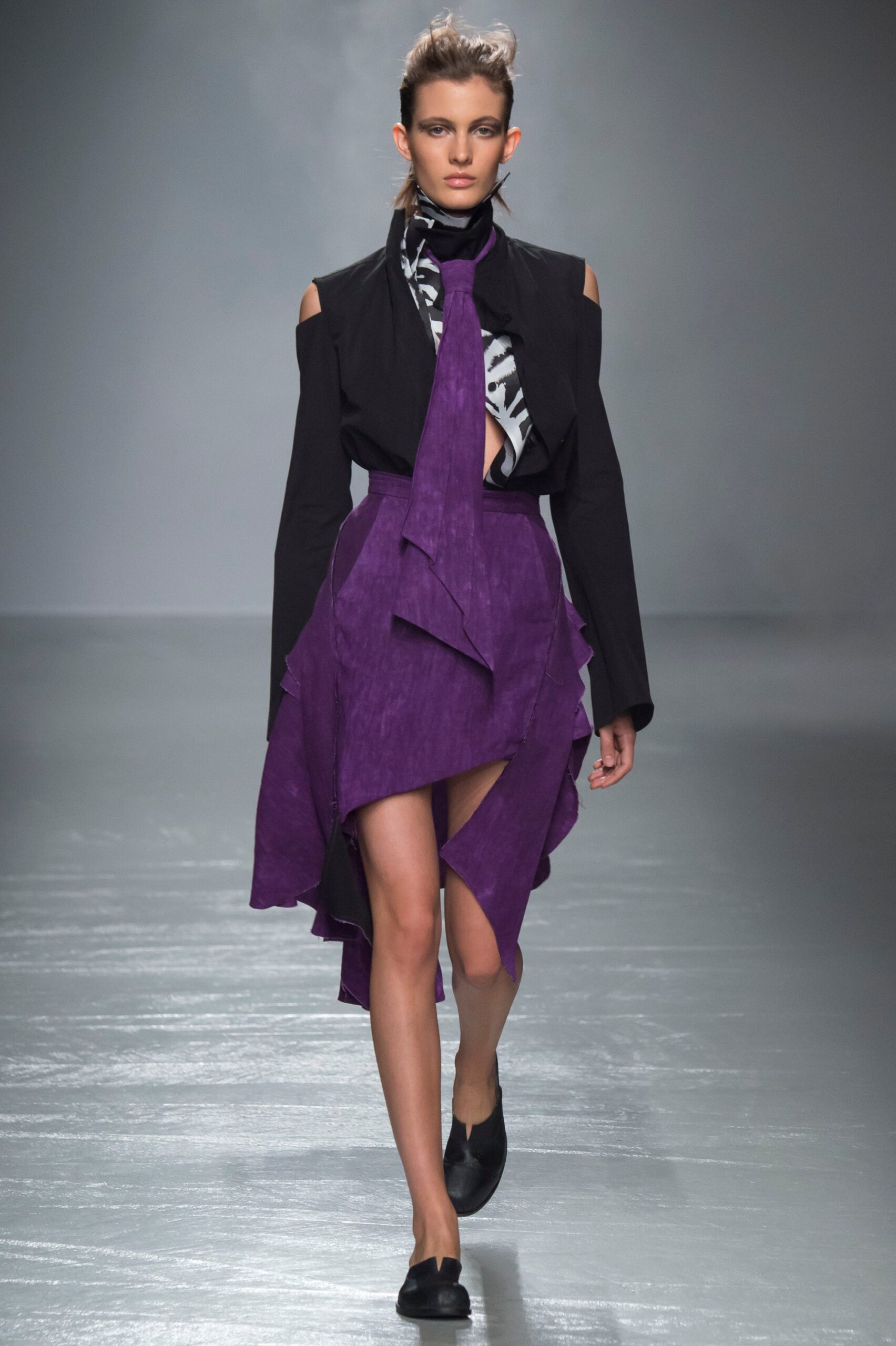 purple draped midi dress with black jacket