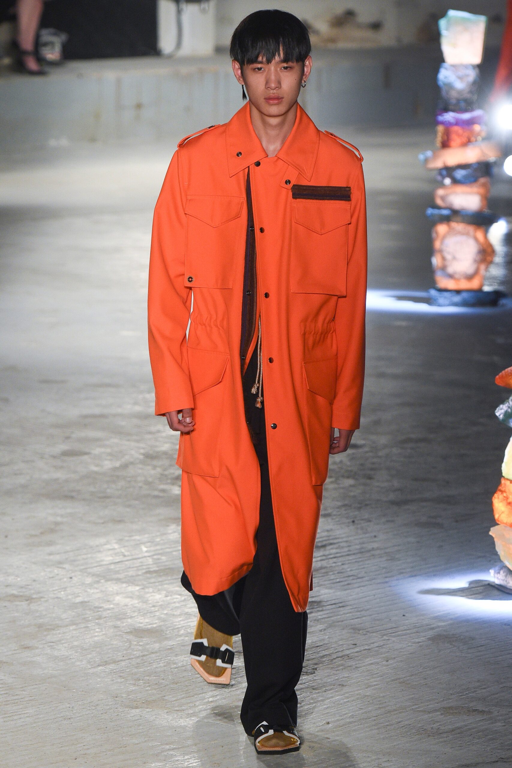 orange cotton long-sleeve collared relaxed buttoned pockets coat