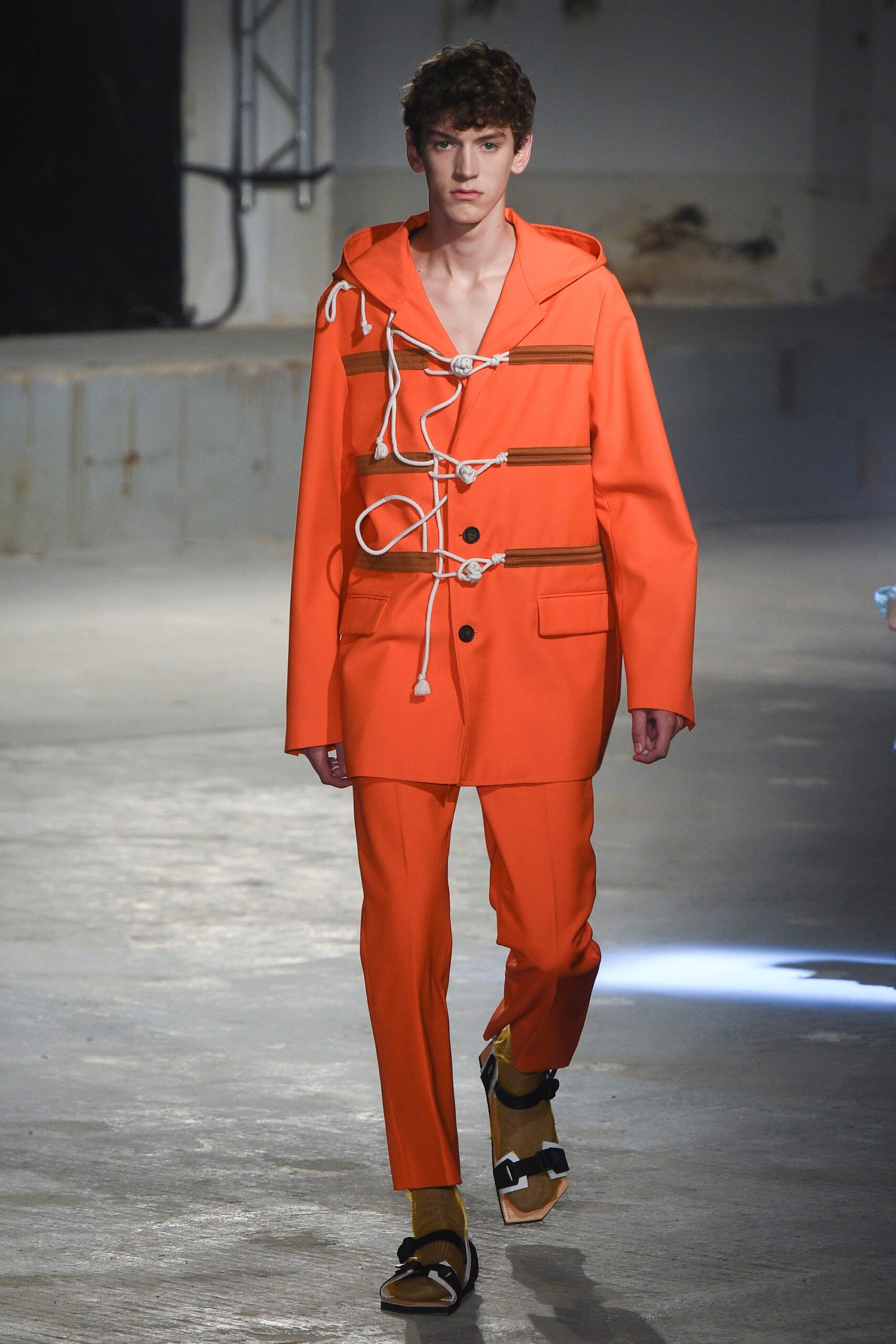 orange vinyl tailored straight-leg pants