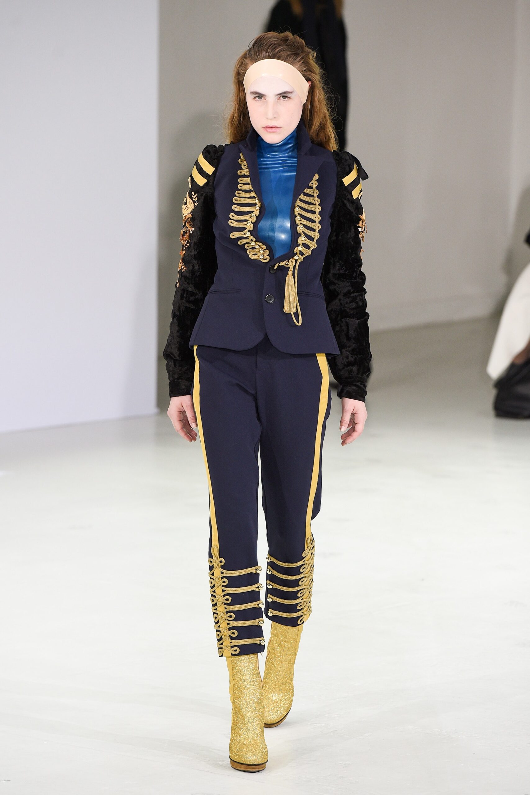 navy velvet blazer with gold boots