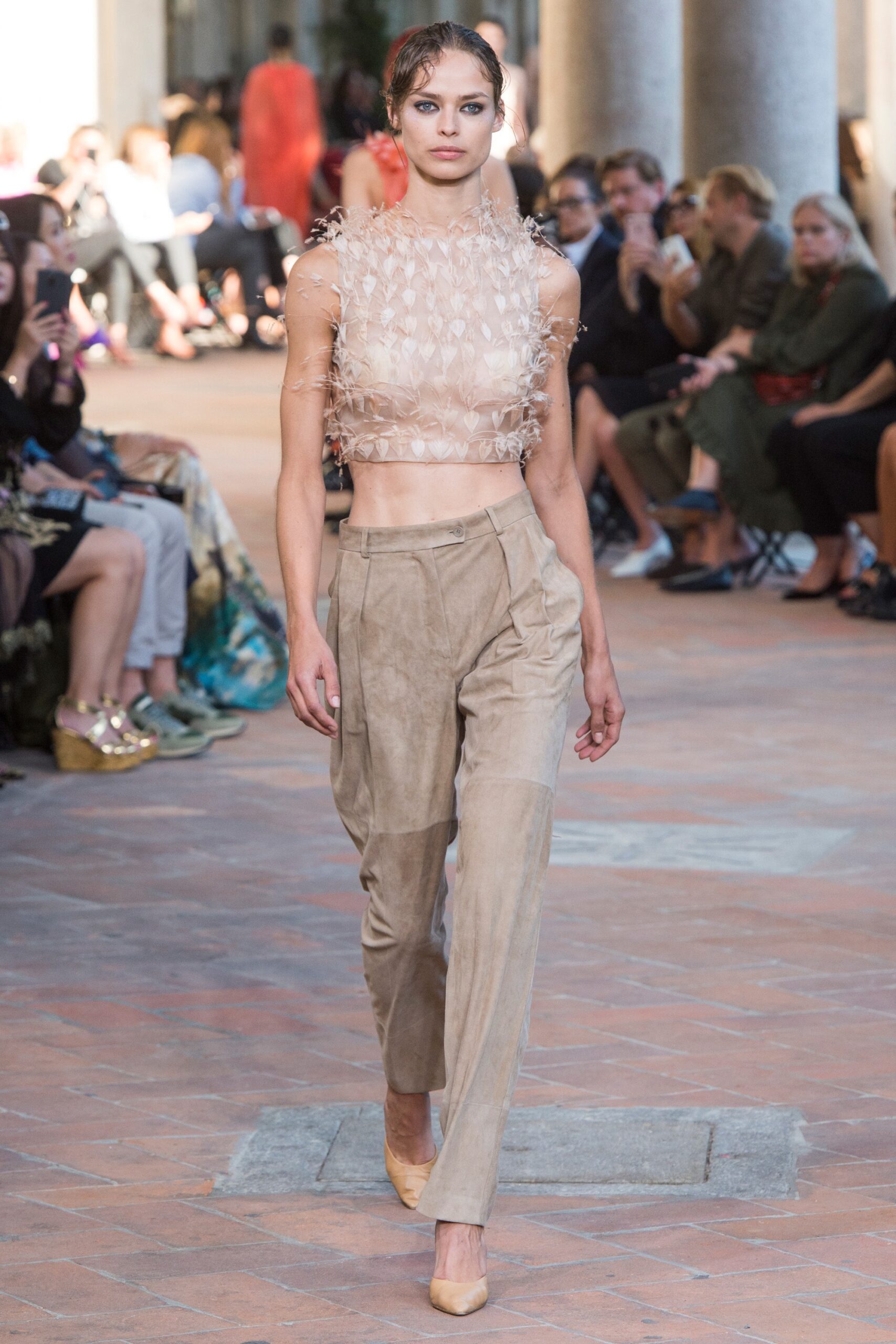 beige silk sleeveless high-neck fitted ruffled sheer top