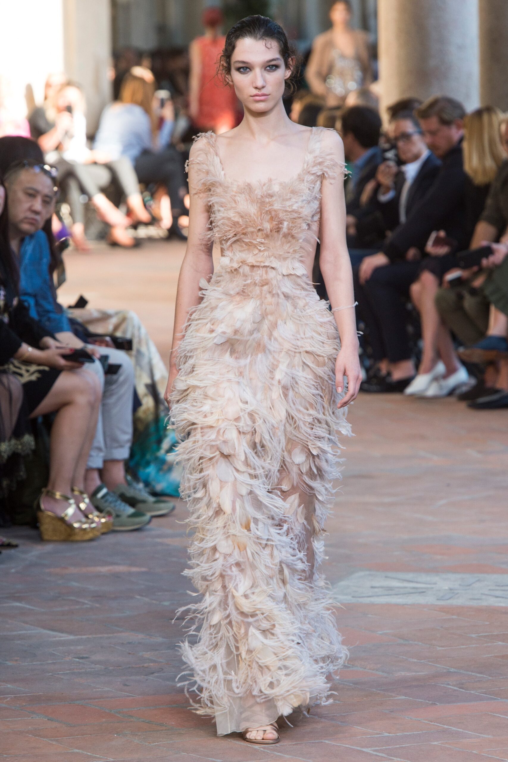 beige silk fringed gown