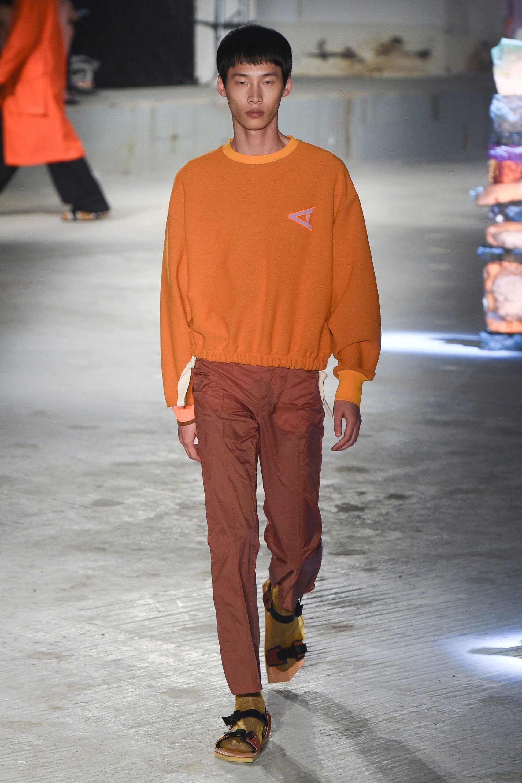 orange long-sleeve collared oversized sweater