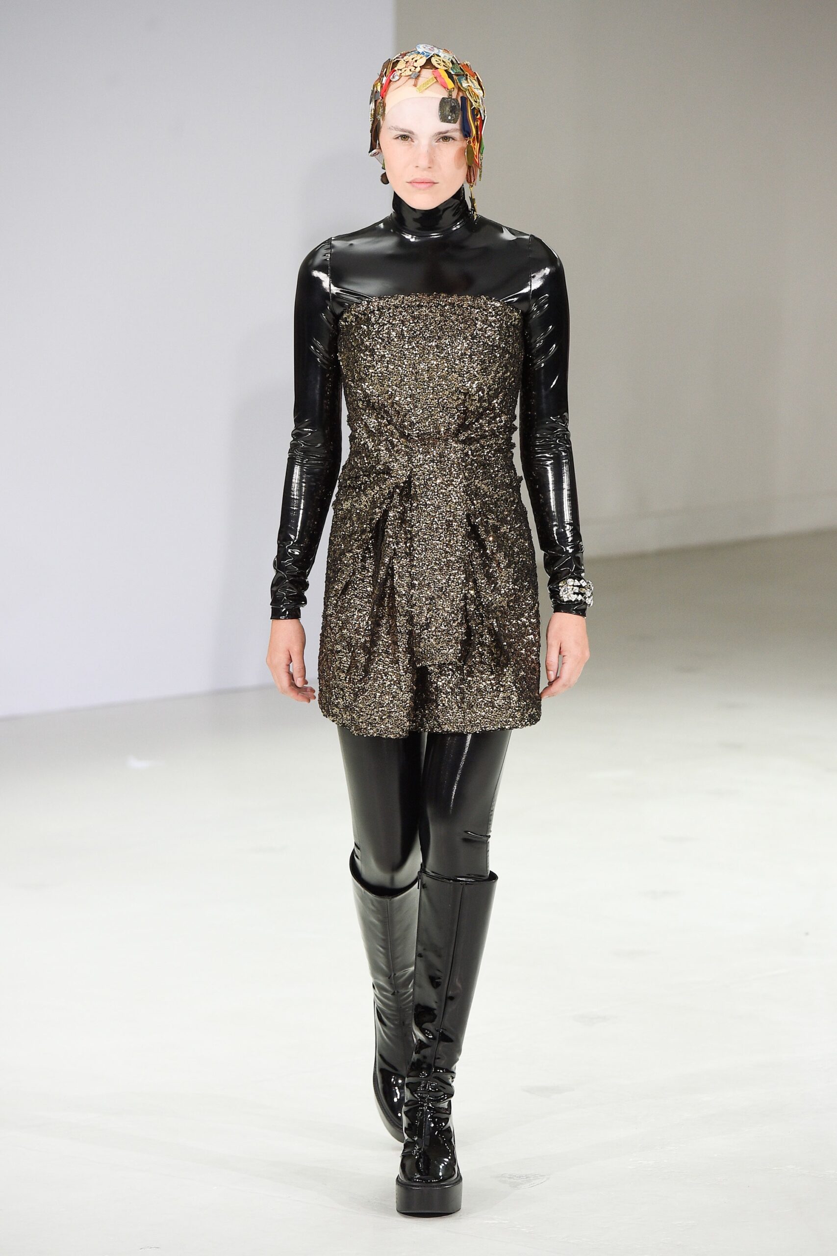 black vinyl long-sleeve high-neck fitted sequined belted dress