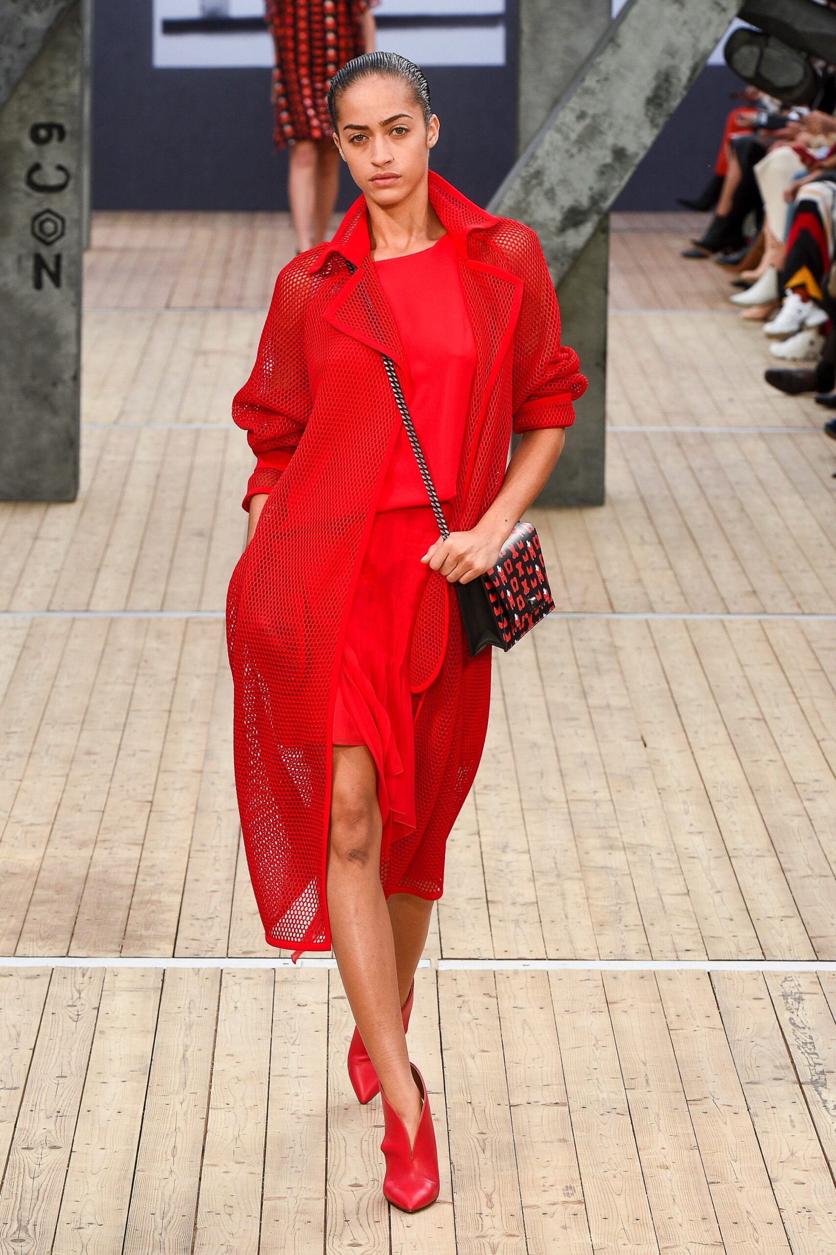 red mesh coat and dress