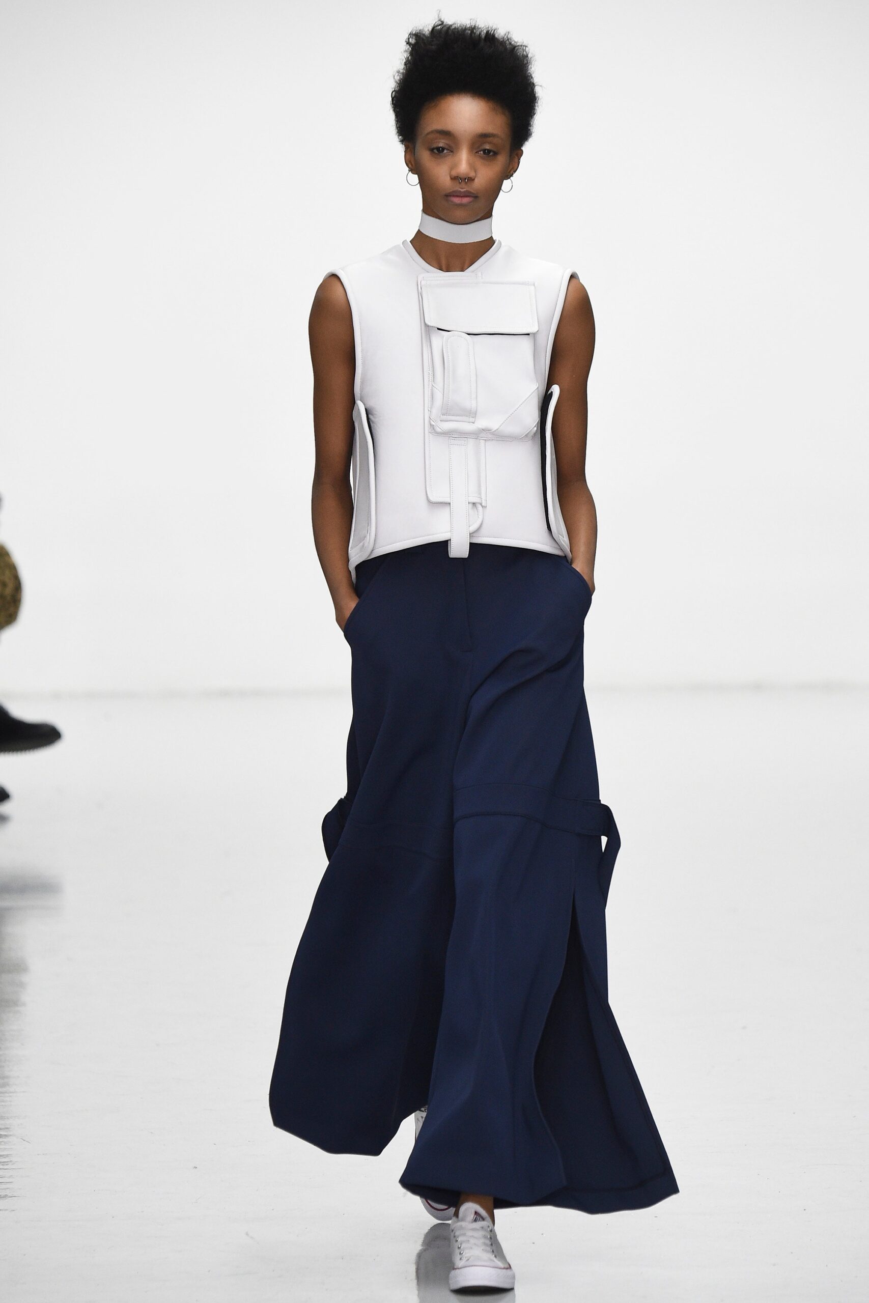 white fitted top with navy maxi skirt