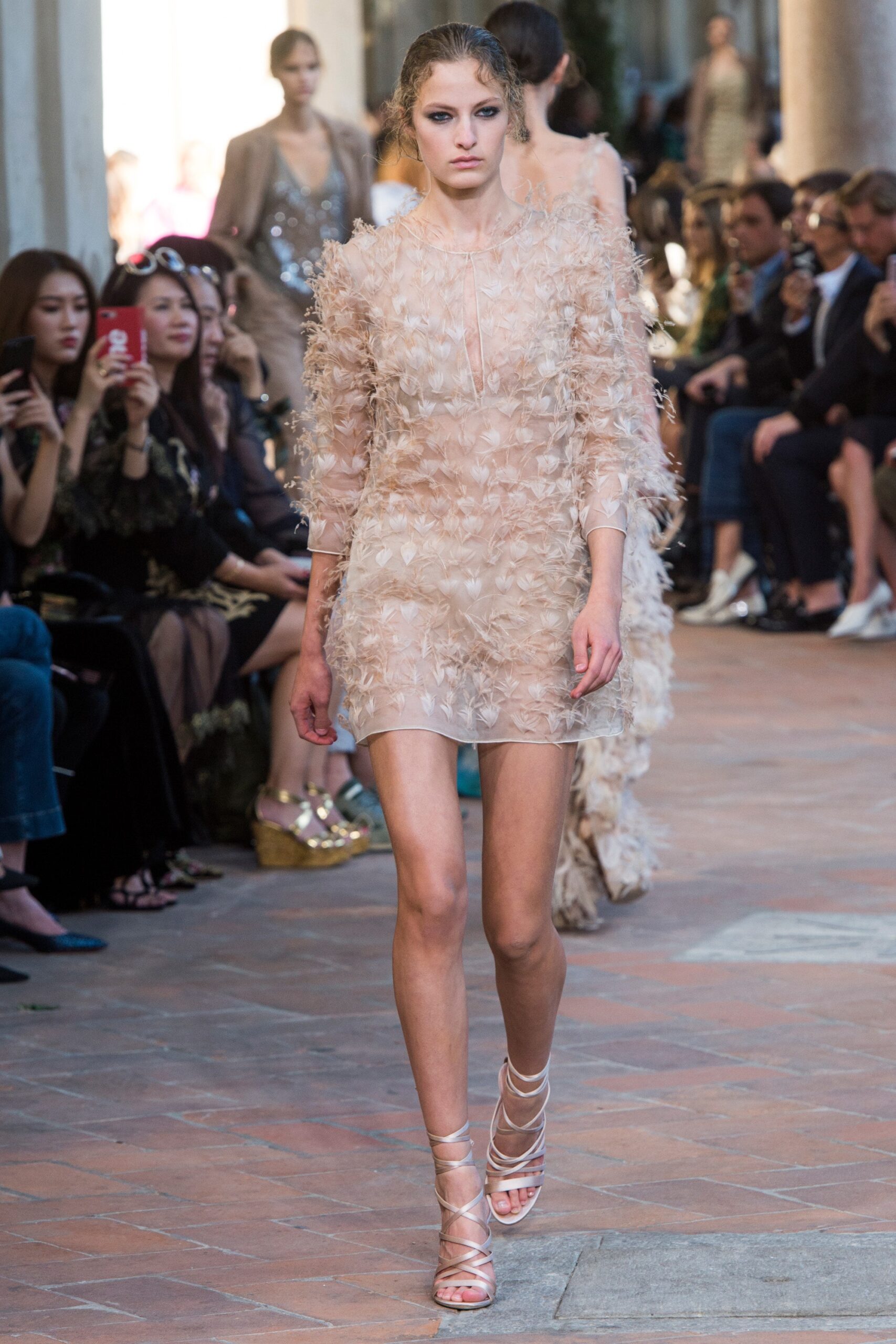 beige silk ruffled mini dress