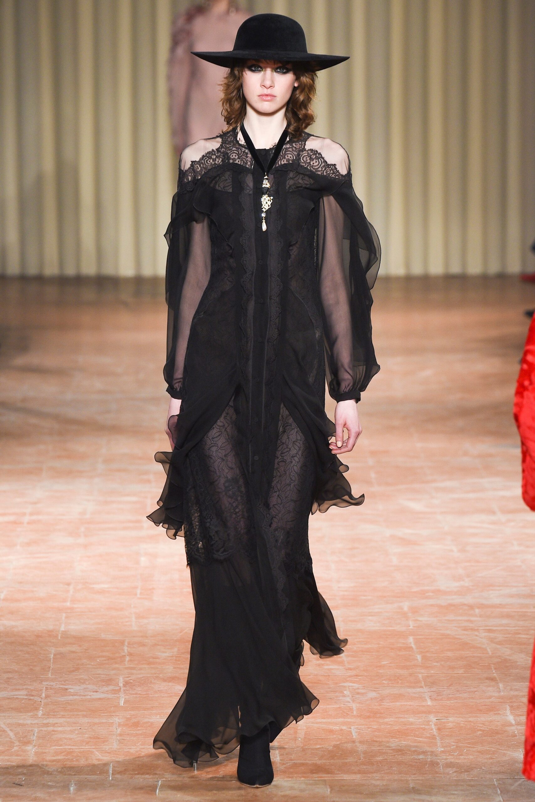 black silk long-sleeve off-shoulder fitted ruffled draped gown