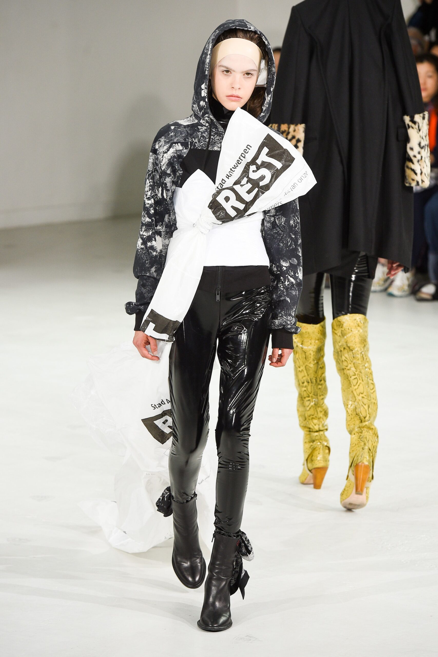 black and white fitted hoodie with vinyl pants